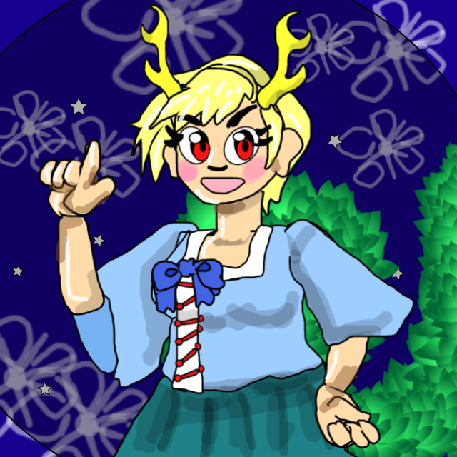 kicchou yachie, touhou, wily beast and weakest creature, non-web source, blonde hair, blue bow, blue shirt, blue skirt, bow, dragon girl, dragon horns, dragon tail, horns, red eyes, shirt, skirt, tail, turtle shell