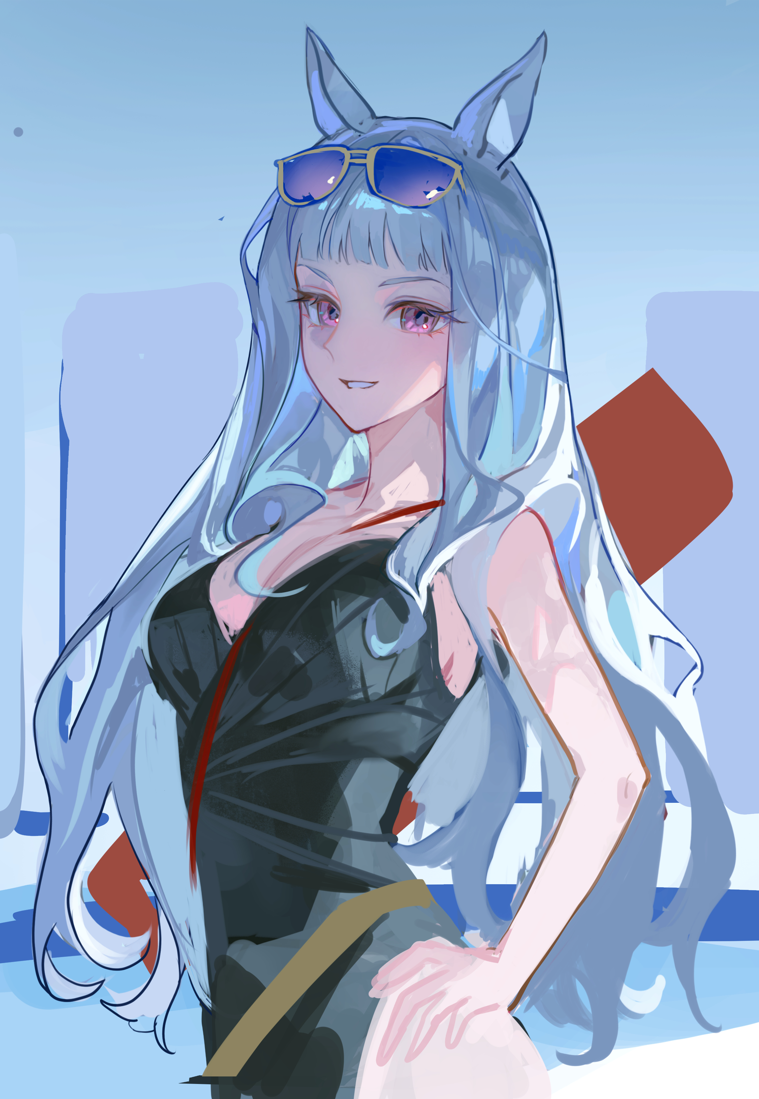gold ship (run revolt launcher) (umamusume), gold ship (umamusume), umamusume, absurdres, highres, 1girl, black one-piece swimsuit, blue hair, blunt bangs, eyewear on head, grin, hand on own hip, horse girl, long hair, looking at viewer, nhimuchan, official alternate costume, official alternate hairstyle, one-piece swimsuit, purple eyes, smile, swimsuit, very long hair