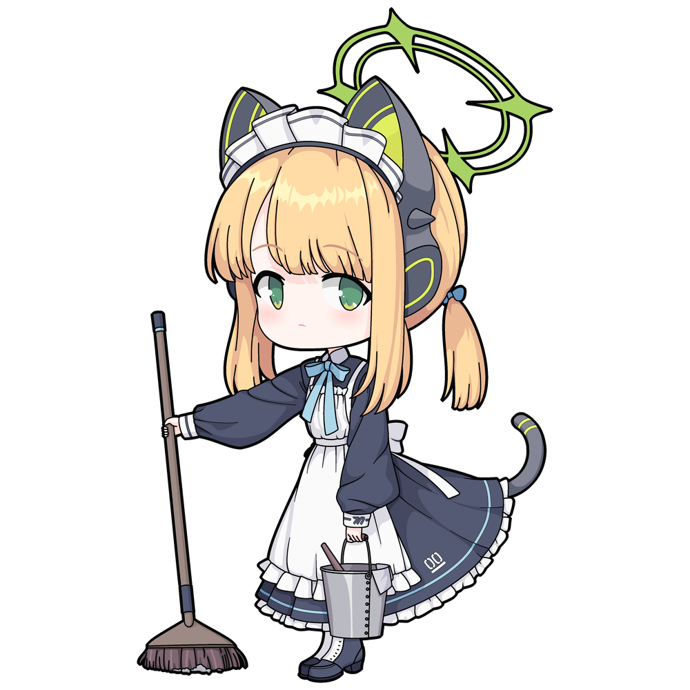 one-take, midori (blue archive), midori (maid) (blue archive), blue archive, animal ear headphones, animal ears, apron, black dress, blonde hair, cat ear headphones, chibi, dress, fake animal ears, fake tail, green eyes, green halo, halo, headphones, long sleeves, maid apron, maid headdress, number print, official alternate costume, tail, white apron