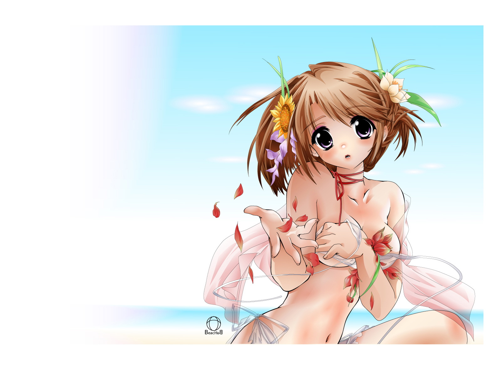 breast hold, eyebrows, highres, 1girl, beach, bikini, breasts, brown hair, eyeshadow, female focus, flower, makeup, navel, purple eyes, solo, summer, swimsuit