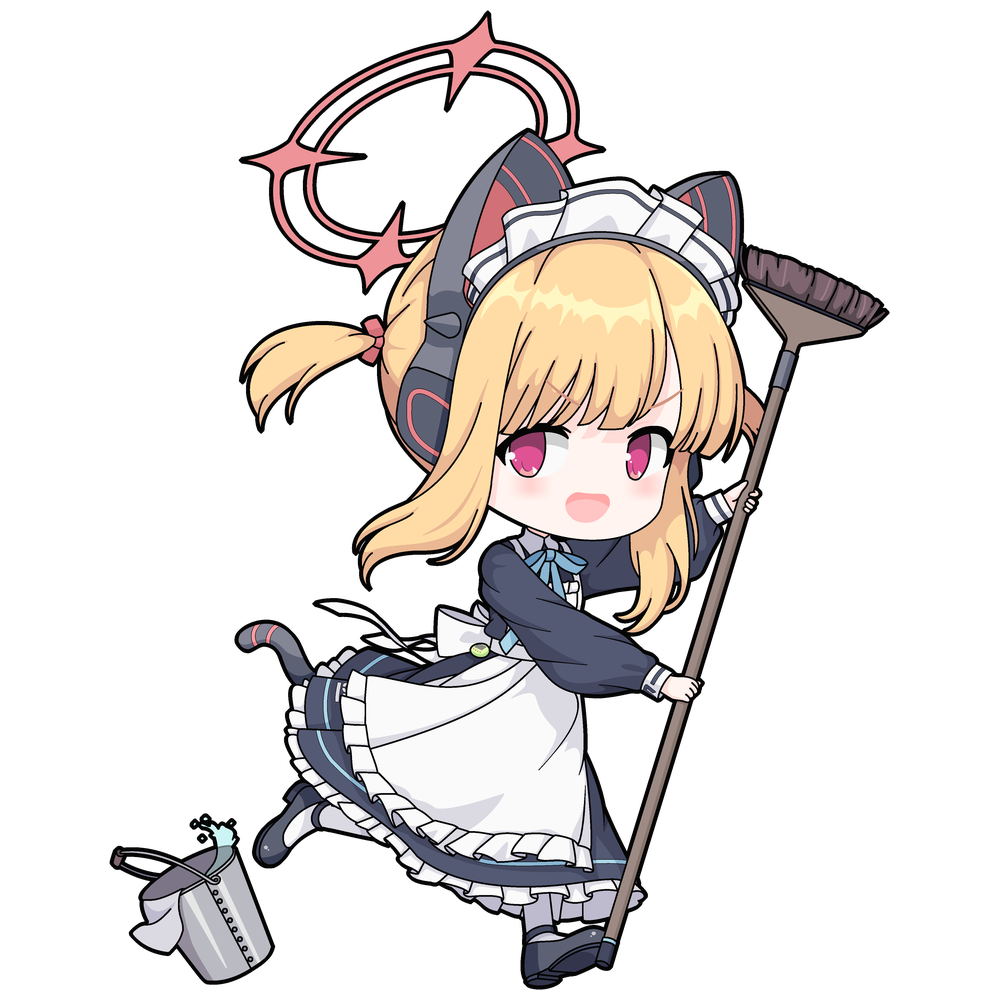one-take, midori (blue archive), midori (maid) (blue archive), momoi (blue archive), momoi (maid) (blue archive), blue archive, 1girl, animal ear headphones, animal ears, apron, black dress, blonde hair, cat ear headphones, chibi, dress, fake animal ears, fake tail, halo, headphones, long sleeves, maid apron, maid headdress, number print, official alternate costume, pink eyes, pink halo, tail, white apron