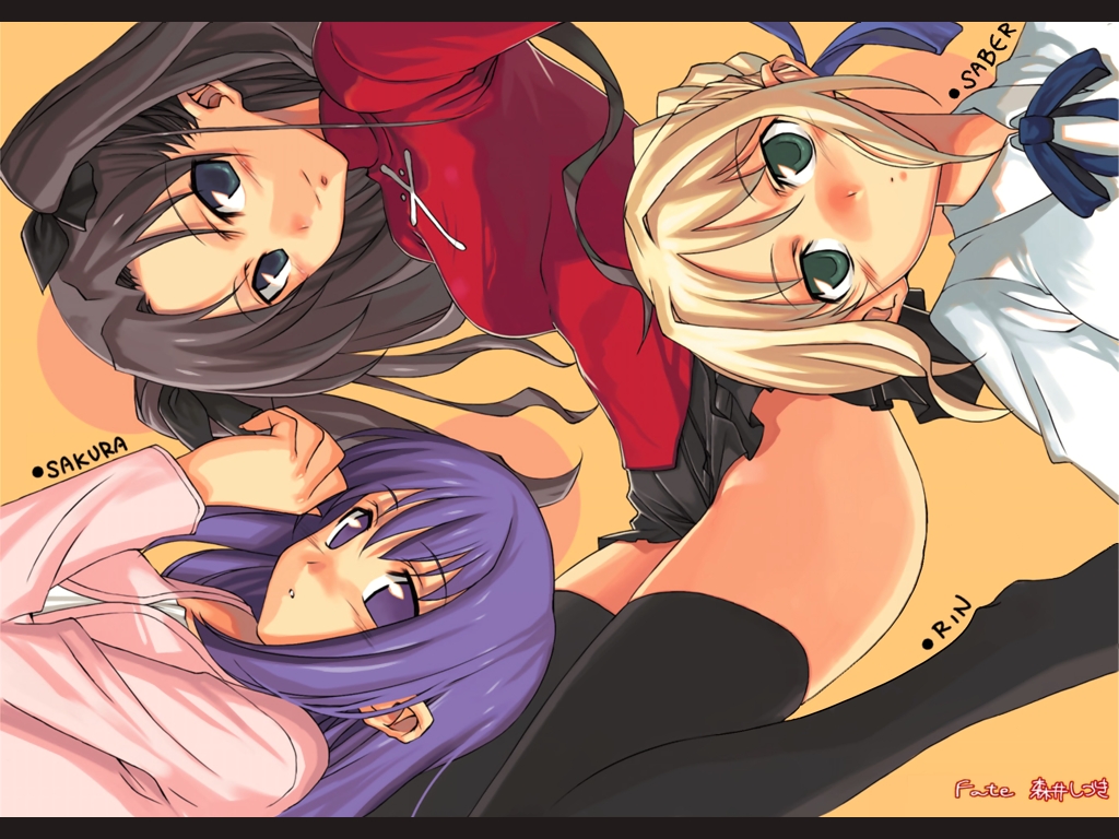 morii shizuki, artoria pendragon (fate), matou sakura, saber (fate), tohsaka rin, fate/stay night, fate (series), black legwear, 00s, 3girls, blonde hair, blush, feet, multiple girls, siblings, sisters, thighhighs, turtleneck