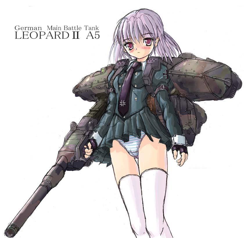 soukaa (artist), soukaa (golden sash), leopard 2, original, vehicle, 1girl, blue panties, cameltoe, cross, cross print, english text, female focus, leopard2 (tank), mecha musume, military, military vehicle, miniskirt, motor vehicle, necktie, panties, pantyshot, skirt, solo, standing, striped clothes, striped panties, tank, thigh gap, thighhighs, thighs, underwear, upskirt, white thighhighs, world war ii