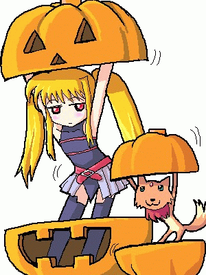arf, fate testarossa, lyrical nanoha, mahou shoujo lyrical nanoha, sazae-san, animated, animated gif, lowres, 1girl, blonde hair, dancing, dog, magical girl, parody, pumpkin, sazae-san food gag (meme), thighhighs, twintails