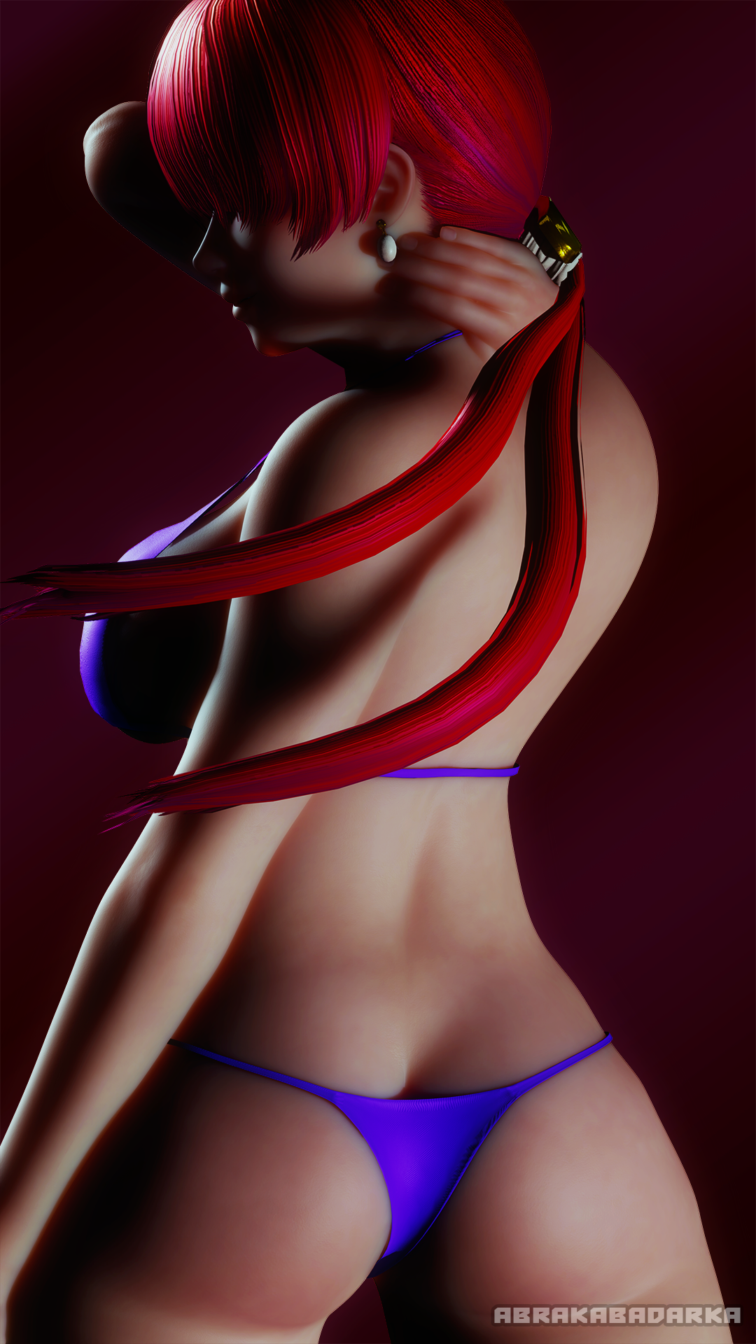 shermie (kof), the king of fighters, 1girl, abrakabadarka, ass, bed, bikini, breasts, butt crack, curvy, earrings, female focus, from behind, huge ass, huge breasts, jewelry, large breasts, long hair, pale skin, panties, ponytail, red hair, standing, swimsuit, thick thighs, thighs, twintails, underwear, wide hips