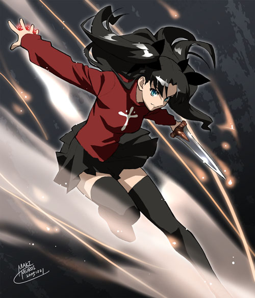 muroi maki, tohsaka rin, fate/stay night, fate (series), 00s, 1girl, female focus, solo, thighhighs, turtleneck