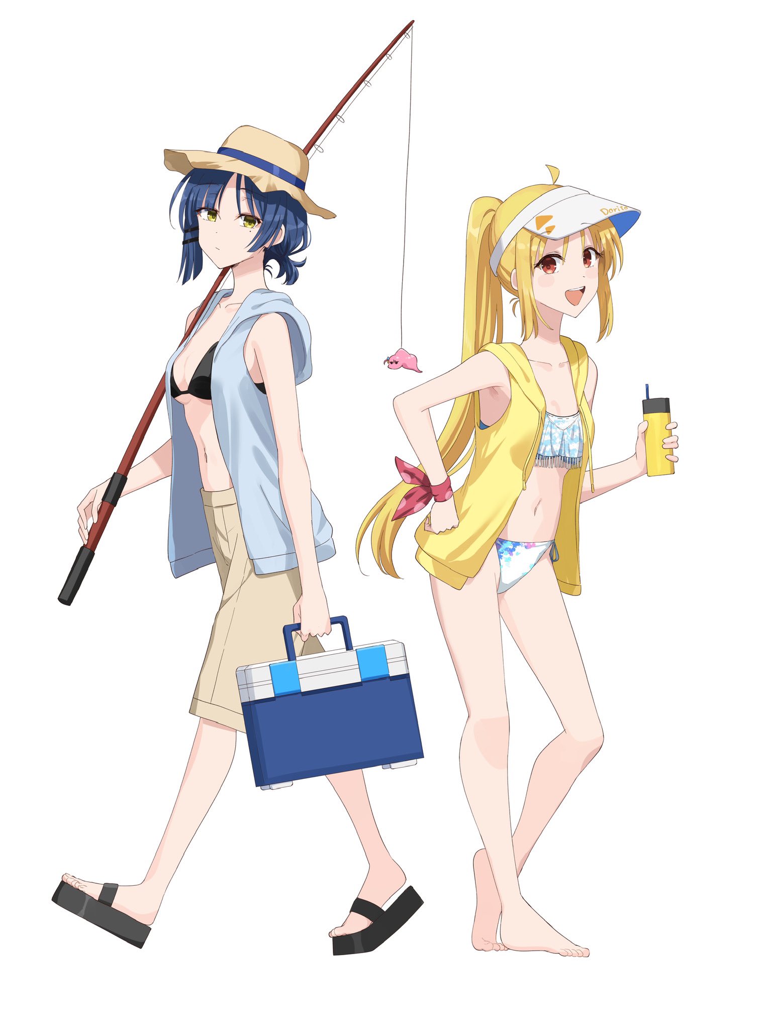 kanaria hisagi, gotoh hitori, gotoh hitori (tsuchinoko), bocchi the rock!, commentary request, highres, 2girls, blonde hair, blue hair, closed mouth, fishing rod, full body, hat, long hair, multiple girls, open mouth, ponytail, red eyes, sandals, short hair, shorts, simple background, standing, swimsuit, visor cap, white background, yellow eyes