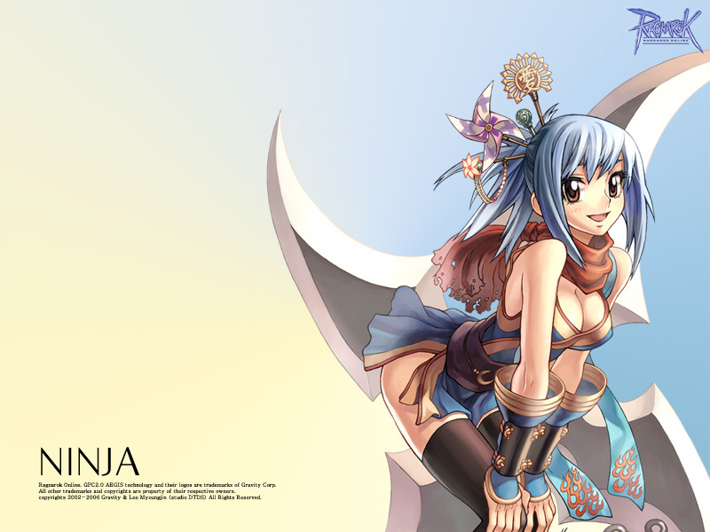 myung-jin lee, ninja (ragnarok online), ragnarok online, official art, official wallpaper, 1girl, bare shoulders, black thighhighs, blue hair, breasts, brown eyes, character name, cleavage, female focus, hair ornament, huge weapon, large breasts, leaning forward, ninja, open mouth, pinwheel, ponytail, scarf, short hair, shuriken, smile, solo, thighhighs, weapon