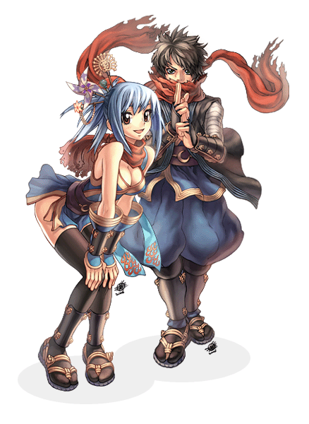 myung-jin lee, ninja (ragnarok online), ragnarok online, official art, 1boy, 1girl, arched back, bare shoulders, black hair, black thighhighs, blue hair, boots, breasts, brown eyes, cleavage, fingerless gloves, full body, gloves, hair ornament, knee boots, large breasts, leaning forward, ninja, open mouth, pinwheel, ponytail, sandals, scarf, short hair, simple background, smile, standing, thighhighs, zouri