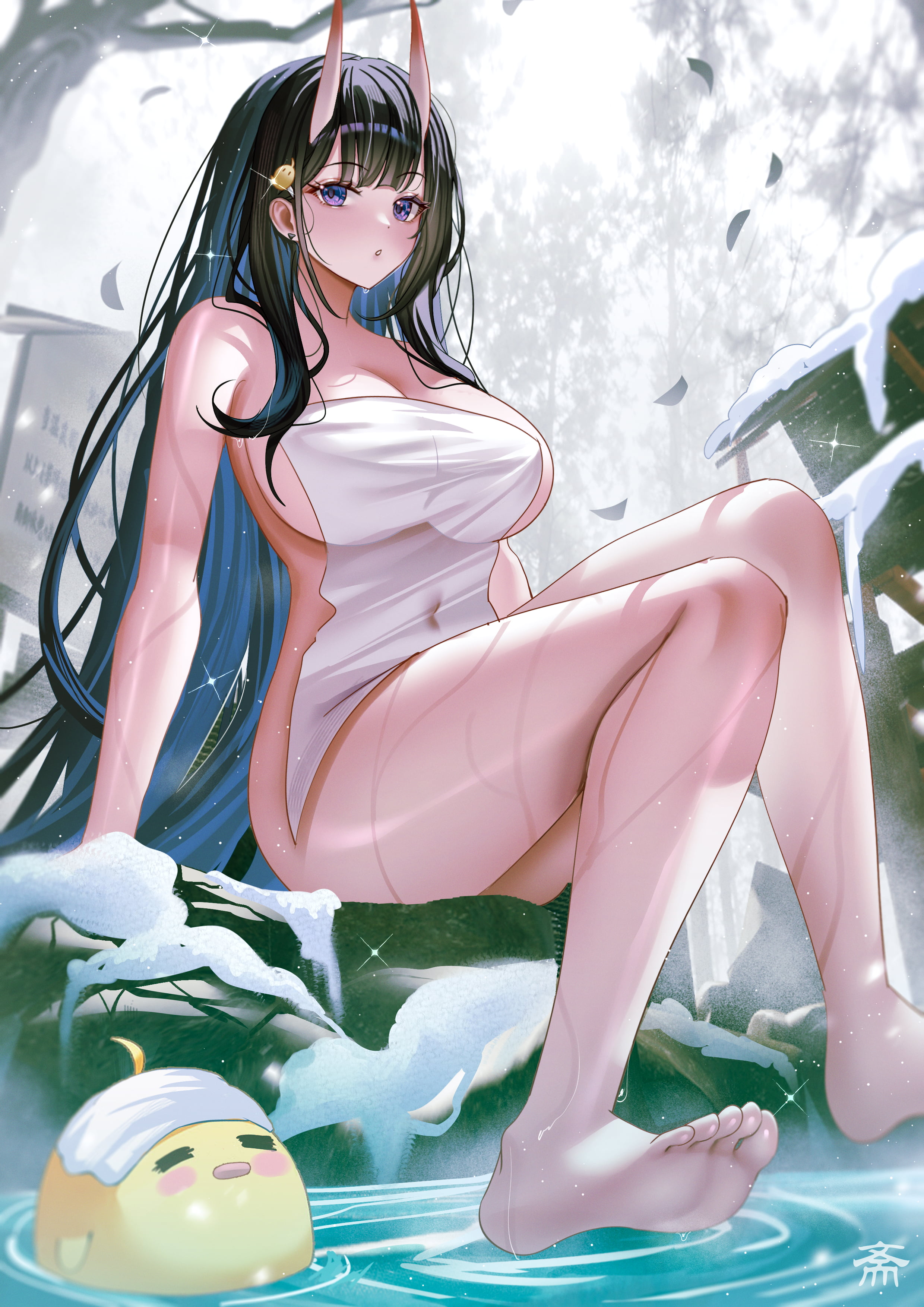 tansuan (ensj3875), manjuu (azur lane), noshiro (a dip in the moonlight) (azur lane), noshiro (azur lane), azur lane, absurdres, highres, 1girl, barefoot, black hair, blue eyes, blush, breasts, covered navel, feet, hair ornament, large breasts, long hair, looking at viewer, official alternate costume, outdoors, parted lips, sitting, soles, solo, thighs, toes, towel, water