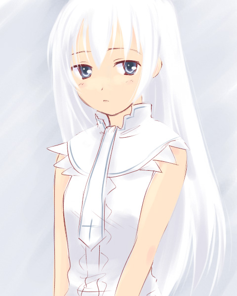 takahashi mugi, momo (shinigami no ballad), shinigami no ballad, 00s, 1girl, blue eyes, expressionless, female focus, grey background, long hair, simple background, solo, white hair