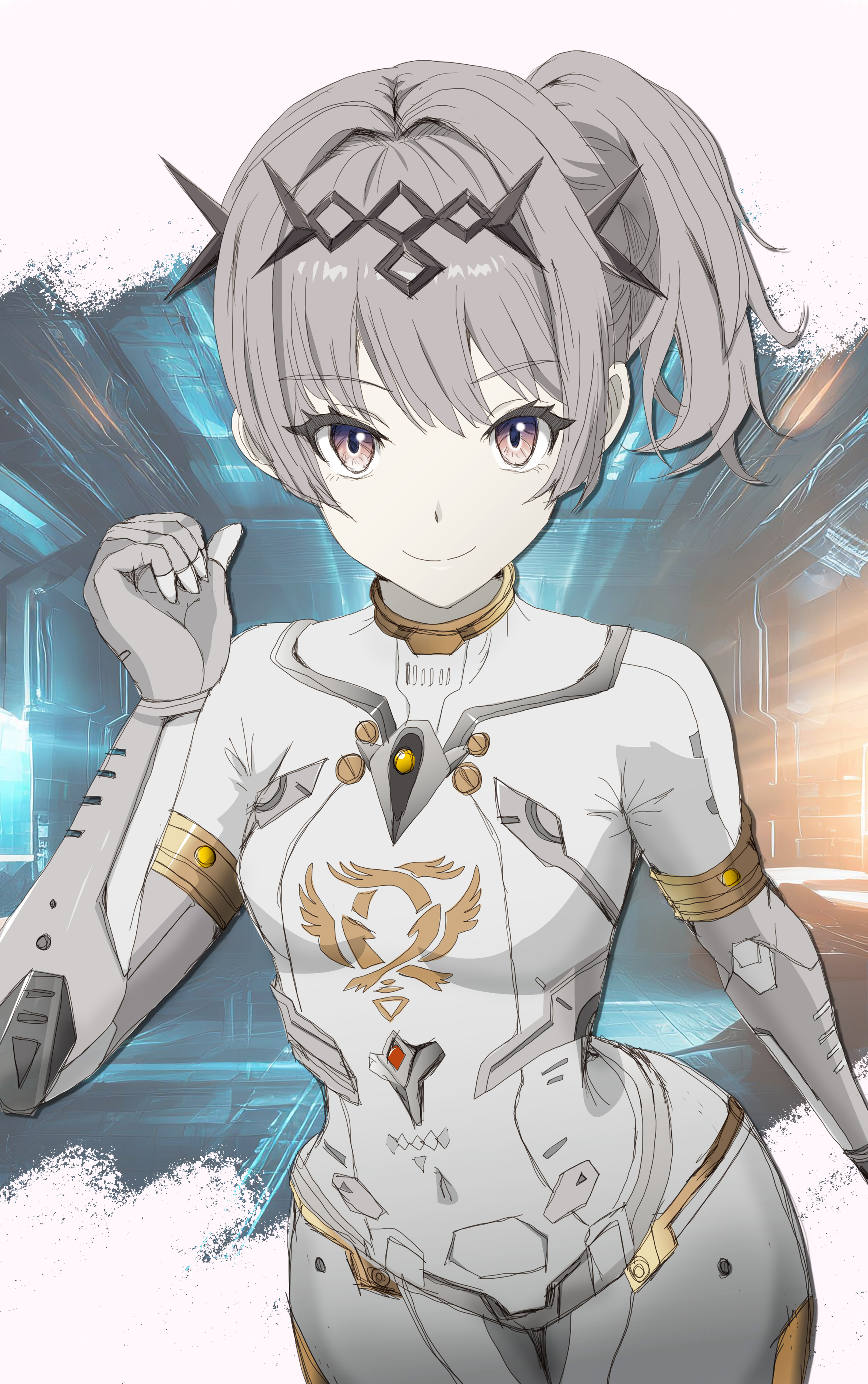 yoru (tokumori umaai), nanami: starfarer (pgr), nanami (pgr), punishing: gray raven, absurdres, commentary request, highres, 1girl, breasts, brown eyes, closed mouth, cowboy shot, grey hair, mecha pilot suit, pointing, pointing backward, pointing with thumb, short hair, side ponytail, small breasts, smile, solo