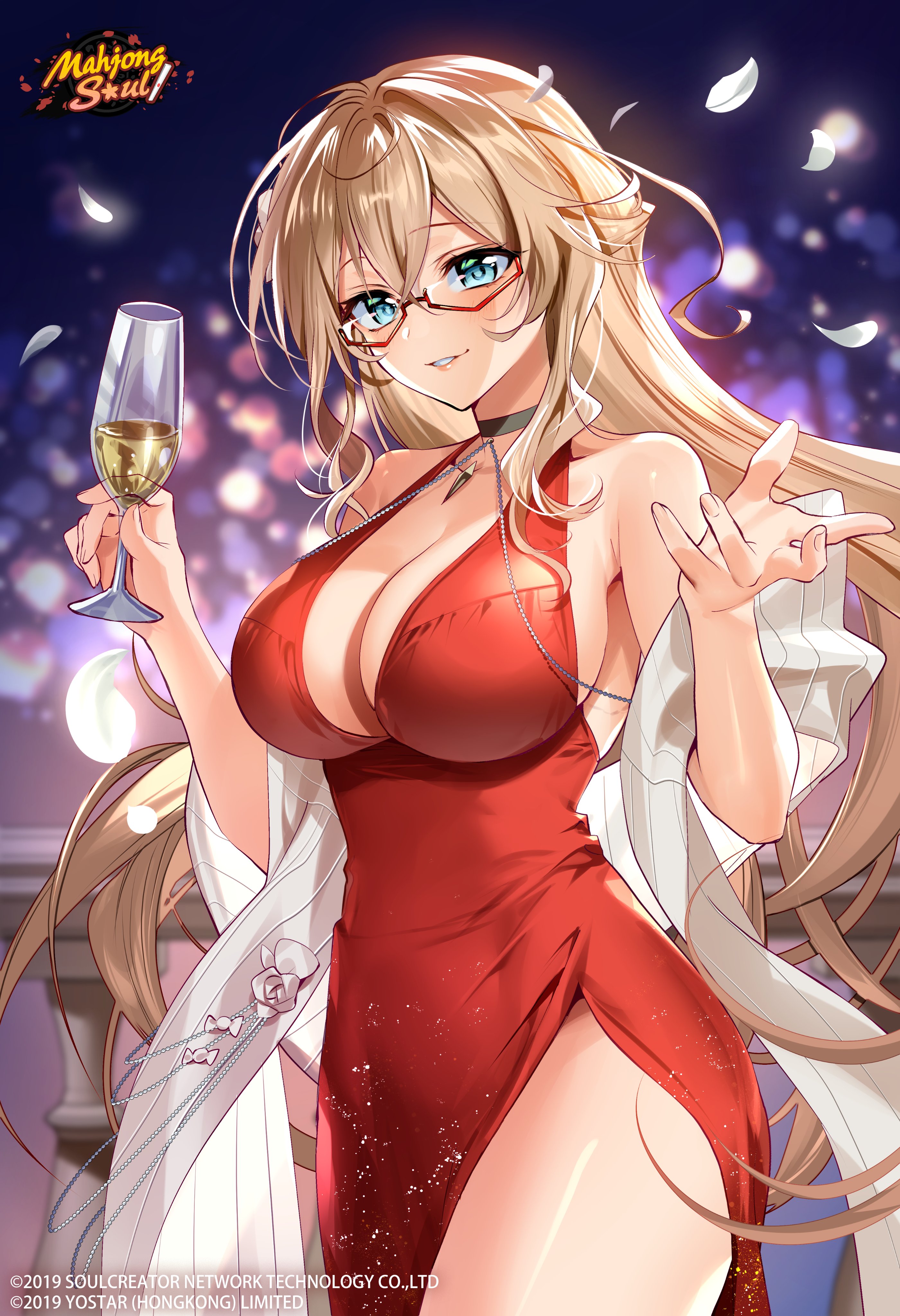 murakami yuichi, kisaragi ayane, mahjong soul, absurdres, highres, official art, second-party source, 1girl, bare shoulders, black choker, blonde hair, blue eyes, blurry, bokeh, breasts, champagne flute, choker, cleavage, copyright name, cowboy shot, cup, depth of field, dress, drinking glass, glasses, hand up, holding, holding cup, large breasts, long hair, looking at viewer, petals, red-framed eyewear, red dress, semi-rimless eyewear, shawl, side slit, sleeveless, sleeveless dress, smile, solo, under-rim eyewear, very long hair