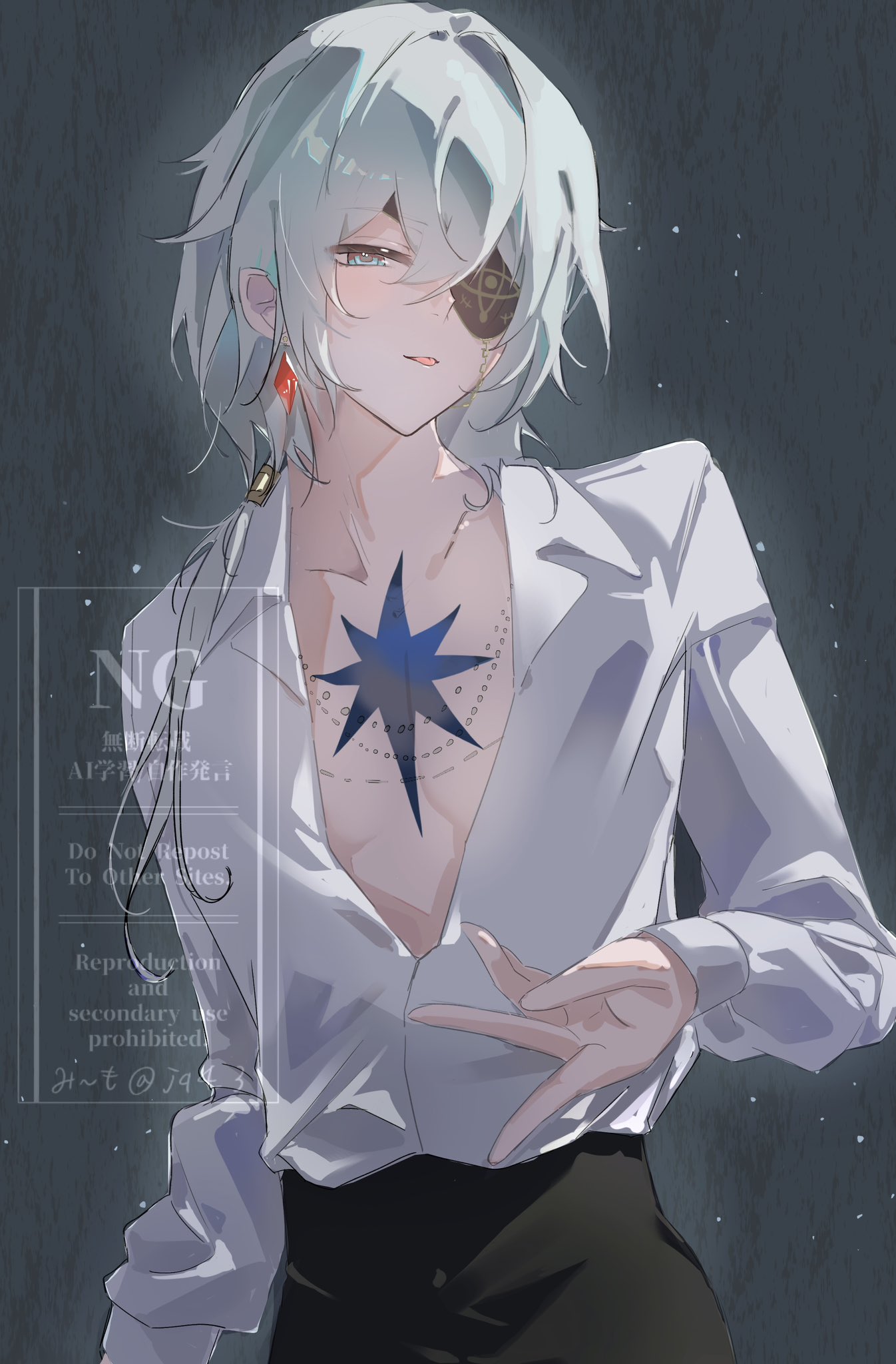anaxa (honkai: star rail), honkai: star rail, honkai (series), highres, 1boy, alternate costume, aqua hair, black pants, blue eyes, chain, collarbone, earrings, english text, eyepatch, gem, hair between eyes, half-closed eyes, jewelry, jq4 3, light blush, light smile, long sleeves, male focus, medium hair, one eye covered, open clothes, open shirt, pants, red gemstone, shirt, side ponytail, solo, tongue, tongue out, watermark, white shirt