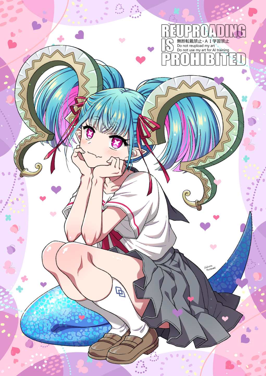 sakura tsubame, tiamat (fate), fate/grand order, fate (series), highres, 1girl, aqua hair, blue tail, blunt bangs, blush, bow, brown shoes, chaldea logo, colored inner hair, curled horns, elbows on thighs, fang, from side, full body, green horns, grey sailor collar, grey skirt, hair ribbon, head on hands, heart, heart background, horns, large horns, larva tiamat (swimsuit archer) (second ascension) (fate), legs folded, loafers, long horns, looking at viewer, multicolored hair, pink eyes, pink hair, pleated skirt, pointy ears, red bow, red ribbon, ribbon, sailor collar, sailor shirt, school uniform, serafuku, shirt, shoes, skin fang, skirt, socks, solo, squatting, summer uniform, symbol-shaped pupils, thick eyebrows, tiamat (swimsuit archer) (fate), twintails, white shirt, white socks, x-shaped pupils