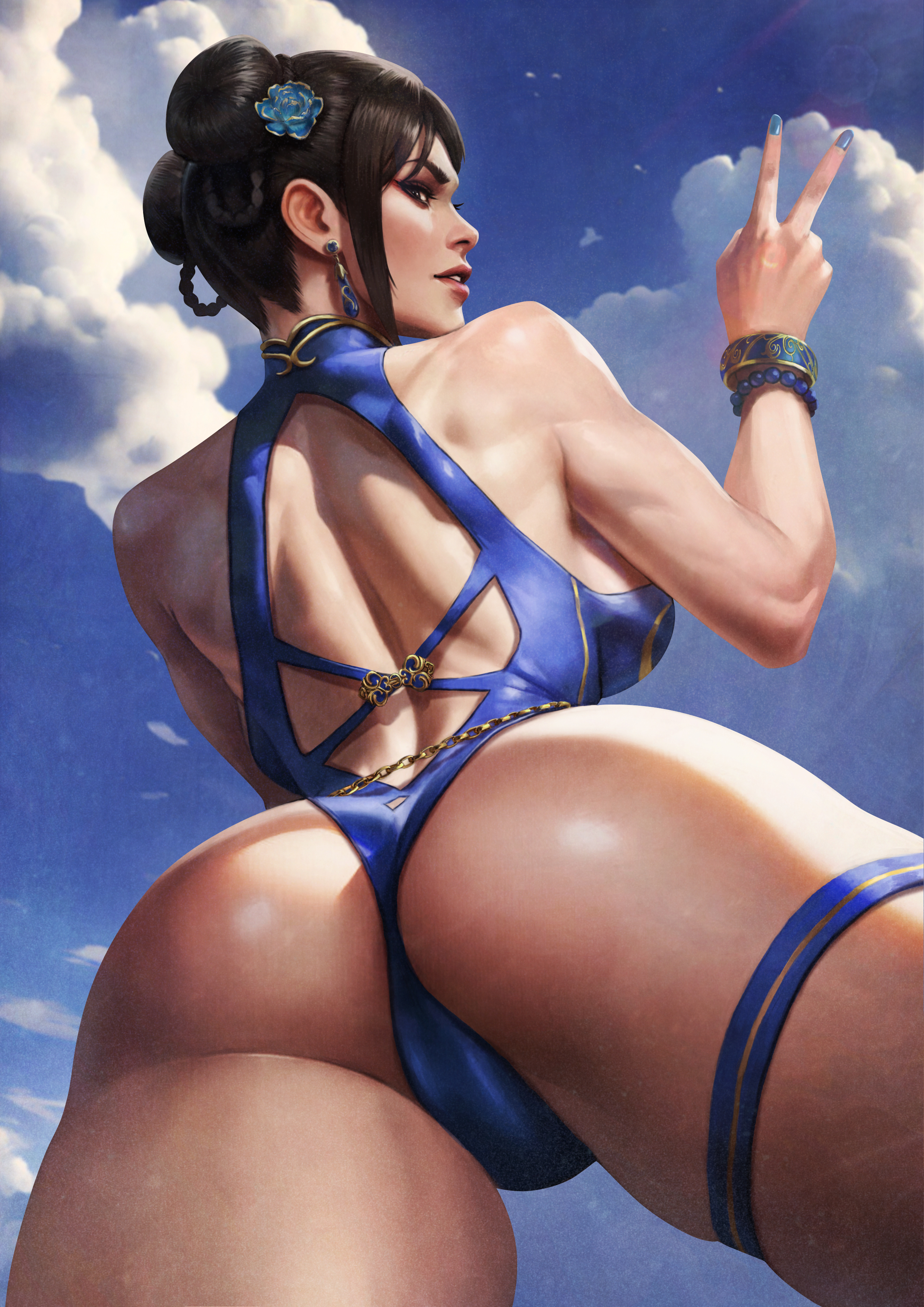 monori rogue, chun-li, capcom, street fighter, street fighter 6, absurdres, highres, 1girl, ass, back, back cutout, black hair, blue one-piece swimsuit, bracelet, clothing cutout, cowboy shot, double bun, earrings, from behind, hair bun, hair ornament, jewelry, looking at viewer, looking back, official alternate costume, official alternate hairstyle, one-piece swimsuit, outdoors, sky, solo, standing, swimsuit, thigh strap, v