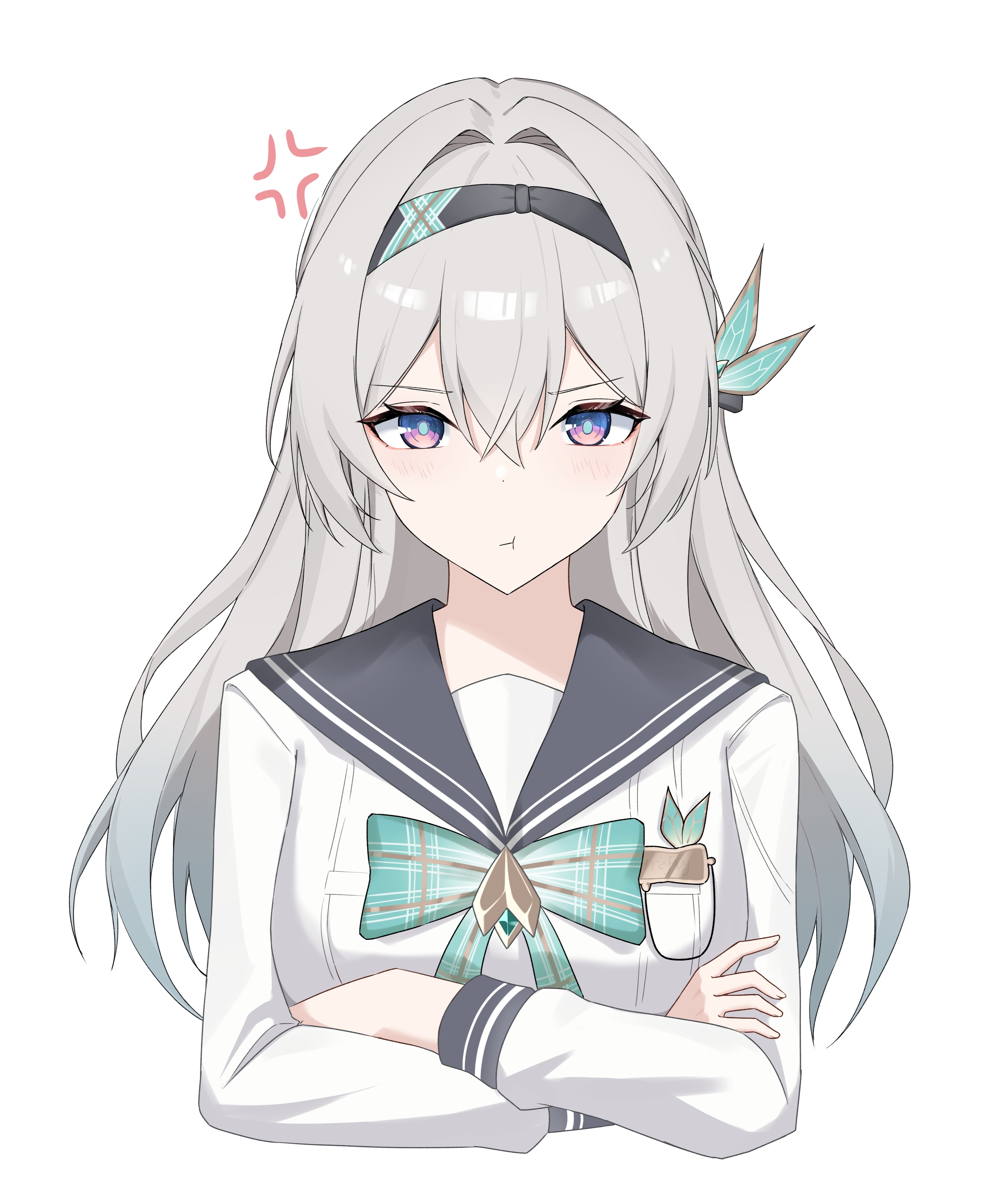 nicel, firefly (honkai: star rail), firefly (spring missive) (honkai: star rail), honkai: star rail, honkai (series), absurdres, highres, :t, anger vein, black hairband, bow, breasts, closed mouth, crossed arms, green bow, grey hair, hair between eyes, hair ornament, hairband, long hair, long sleeves, looking at viewer, medium breasts, official alternate costume, pink eyes, plaid bow, pout, school uniform, serafuku, simple background, white background