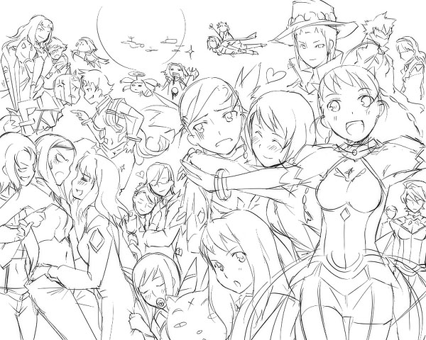kyo (kuroichigo), my-otome, looking away, 00s, 6+girls, :d, ^ ^, aircraft, airplane, armor, bracelet, closed eyes, dress, everyone, full moon, greyscale, hug, jewelry, looking at viewer, monochrome, moon, multiple girls, navel, open mouth, outstretched arm, propeller, shirt, smile, standing, sweatdrop, thigh gap, weapon, yuri