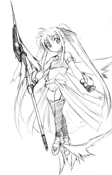 kagura tsukune, bardiche (nanoha), bardiche (sealing form) (nanoha), fate testarossa, lyrical nanoha, mahou shoujo lyrical nanoha, mahou shoujo lyrical nanoha a's, 00s, 1girl, ankle wings, arm garter, boots, female focus, fingerless gloves, gloves, greyscale, long hair, looking at viewer, monochrome, sketch, solo, staff, thigh boots, thighhighs, twintails, very long hair, wings