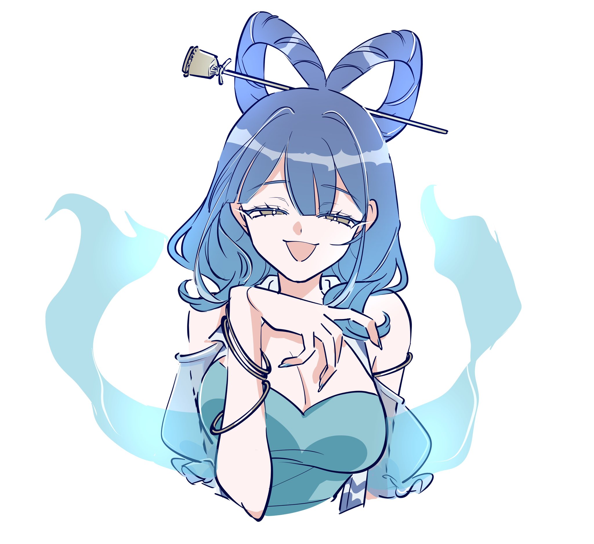 gyosite, hanayagi kaoruko, kaku seiga, shoujo kageki revue starlight, touhou, commentary request, highres, 1girl, :d, aqua shirt, arm at side, armlet, bare shoulders, blue hair, blue nails, blunt bangs, bracelet, breasts, brown eyes, cleavage, cosplay, cropped torso, detached sleeves, fingernails, frilled sleeves, frills, hagoromo, hair ornament, hair rings, hair stick, half-closed eyes, hand up, jewelry, kaku seiga (cosplay), large breasts, long fingernails, long hair, looking at viewer, nail polish, open mouth, puffy short sleeves, puffy sleeves, see-through clothes, see-through sleeves, shawl, shirt, short sleeves, simple background, sleeveless, sleeveless shirt, smile, solo, upper body, white background