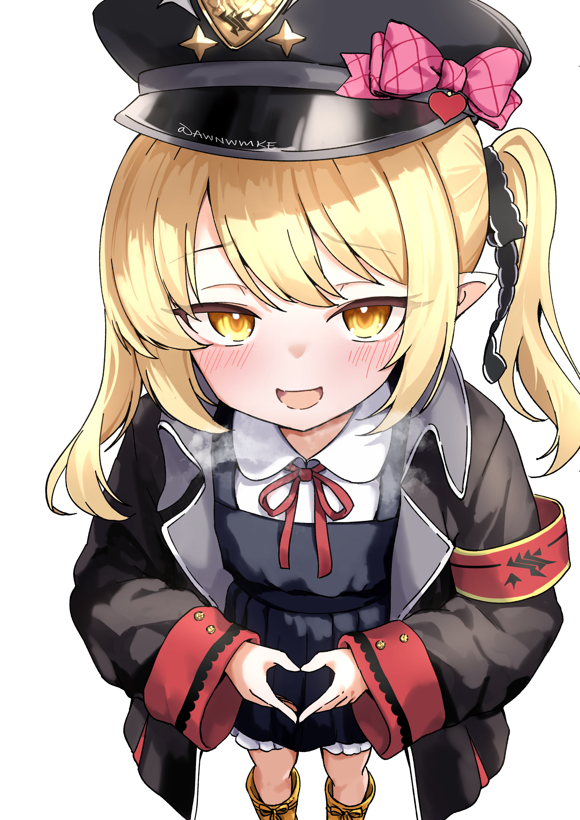 awnw, ibuki (blue archive), blue archive, absurdres, commentary request, highres, 1girl, armband, black coat, black dress, black hat, blonde hair, blush, boots, bow, breath, coat, dress, hat, hat bow, heart, heart hands, long hair, looking at viewer, neck ribbon, own hands together, peaked cap, pink bow, pointy ears, red armband, red ribbon, ribbon, shirt, side ponytail, simple background, smile, solo, white background, white shirt, yellow boots, yellow eyes