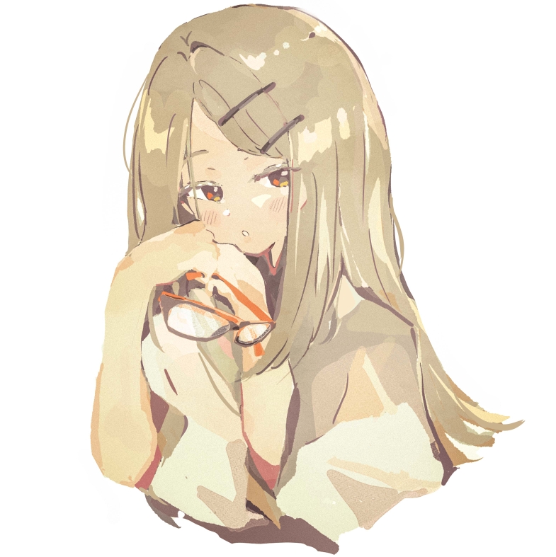 shinosawa hiro, gakuen idolmaster, idolmaster, commentary, 1girl, :o, blonde hair, blush, colored eyelashes, cropped torso, dated commentary, flipped hair, glasses, holding, holding removed eyewear, long hair, looking at viewer, orange-framed eyewear, orange eyes, simple background, solo, swept bangs, unworn eyewear, upper body, user rehz8345, white background