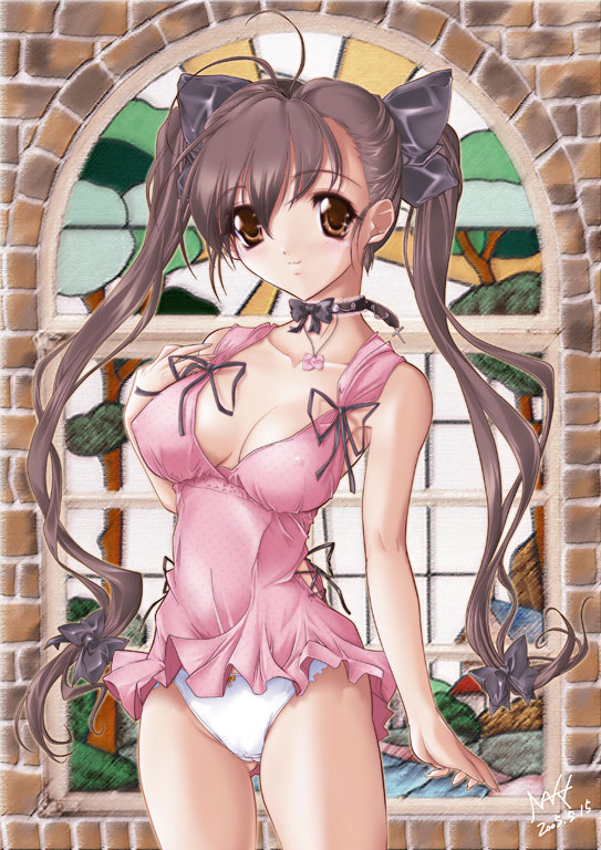 naka (illust-guerrilla), 1girl, brown eyes, brown hair, covered erect nipples, dress, female focus, hair ornament, hair ribbon, lingerie, long hair, panties, pink dress, ribbon, signature, smile, solo, twintails, underwear, white panties
