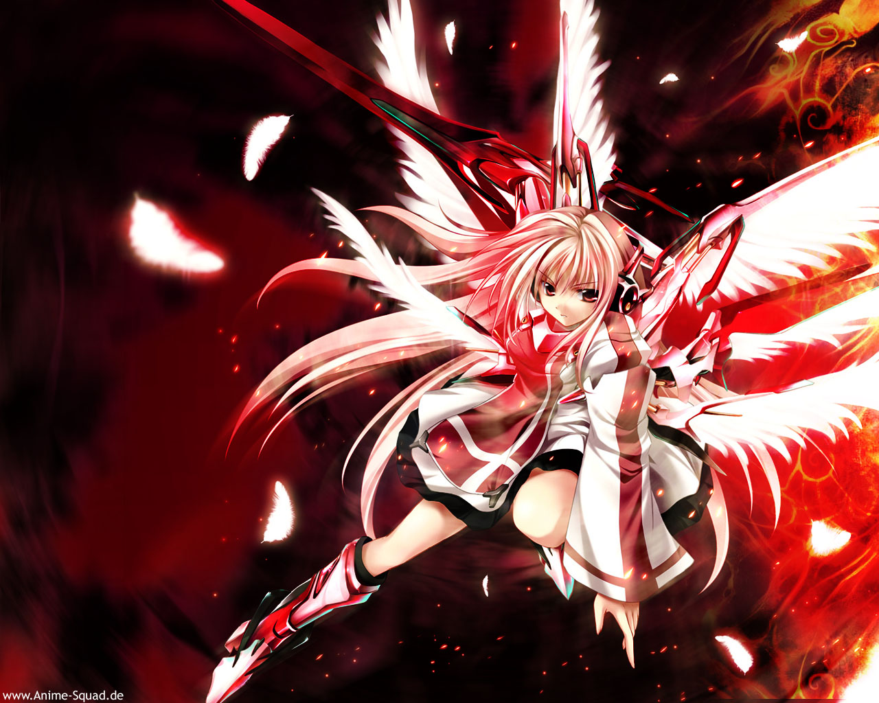 tateha (marvelous grace), 1girl, angel, feathers, female focus, long hair, mecha musume, multiple wings, red theme, robot ears, seraph, solo, sword, weapon, wings