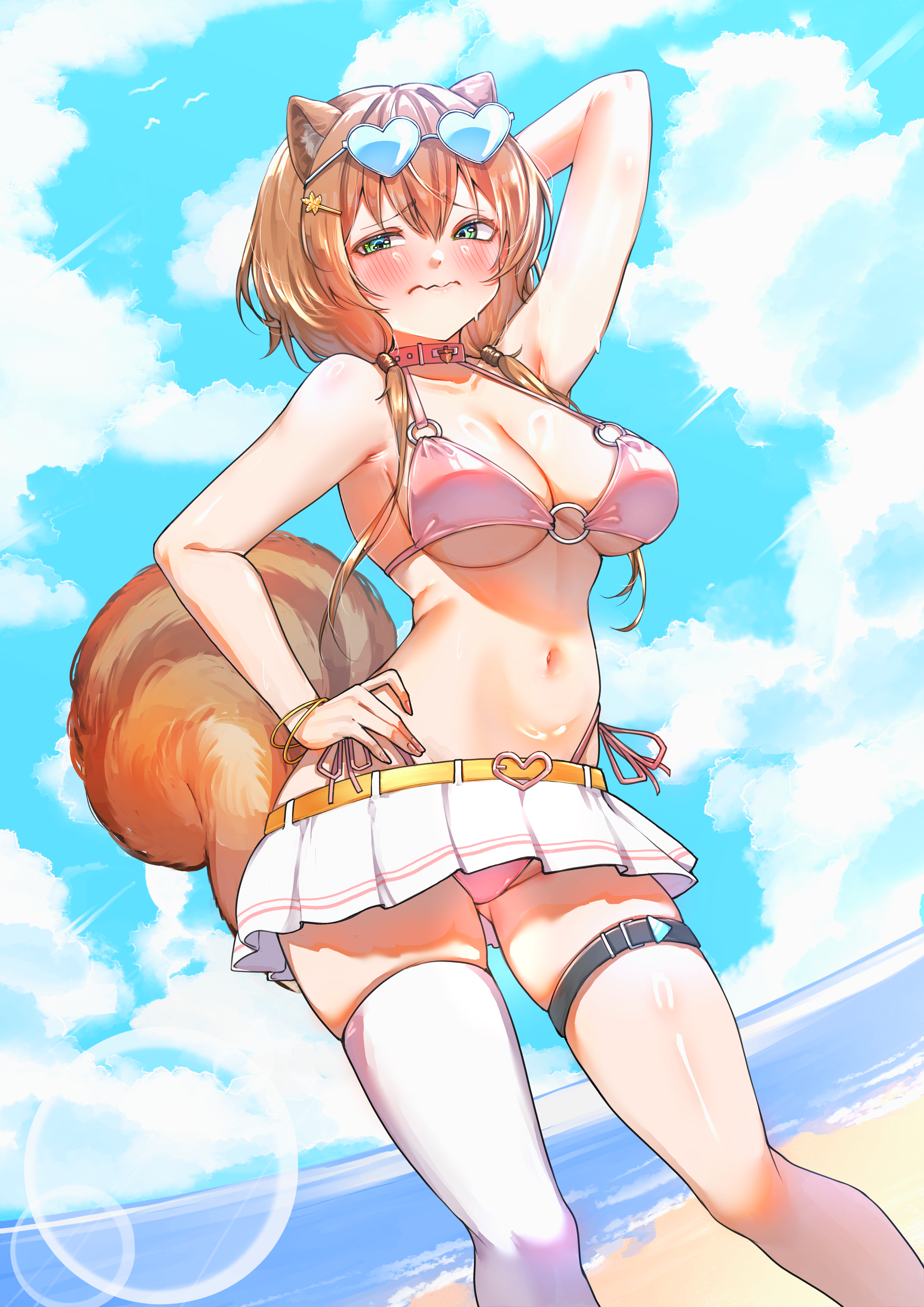 kghazir, ayunda risu, hololive, hololive indonesia, absurdres, commentary, commission, english commentary, highres, vgen commission, 1girl, animal ear fluff, animal ears, arm behind head, arm up, bangle, bare arms, bare shoulders, beach, belt, belt collar, bikini, blue-tinted eyewear, blue sky, blush, bracelet, breasts, brown hair, cleavage, cloud, collar, collarbone, day, embarrassed, eyewear on head, green eyes, hair between eyes, hair ornament, hairclip, hand on own hip, heart, heart-shaped eyewear, heart belt buckle, jewelry, large breasts, lens flare, long hair, looking at viewer, microskirt, navel, o-ring, o-ring bikini, outdoors, pink bikini, pink collar, pleated skirt, single bare leg, single thighhigh, skindentation, skirt, sky, solo, squirrel ears, squirrel girl, squirrel tail, stomach, sunglasses, swimsuit, tail, thigh strap, thighhighs, tinted eyewear, virtual youtuber, wavy mouth, white skirt, white thighhighs, yellow belt