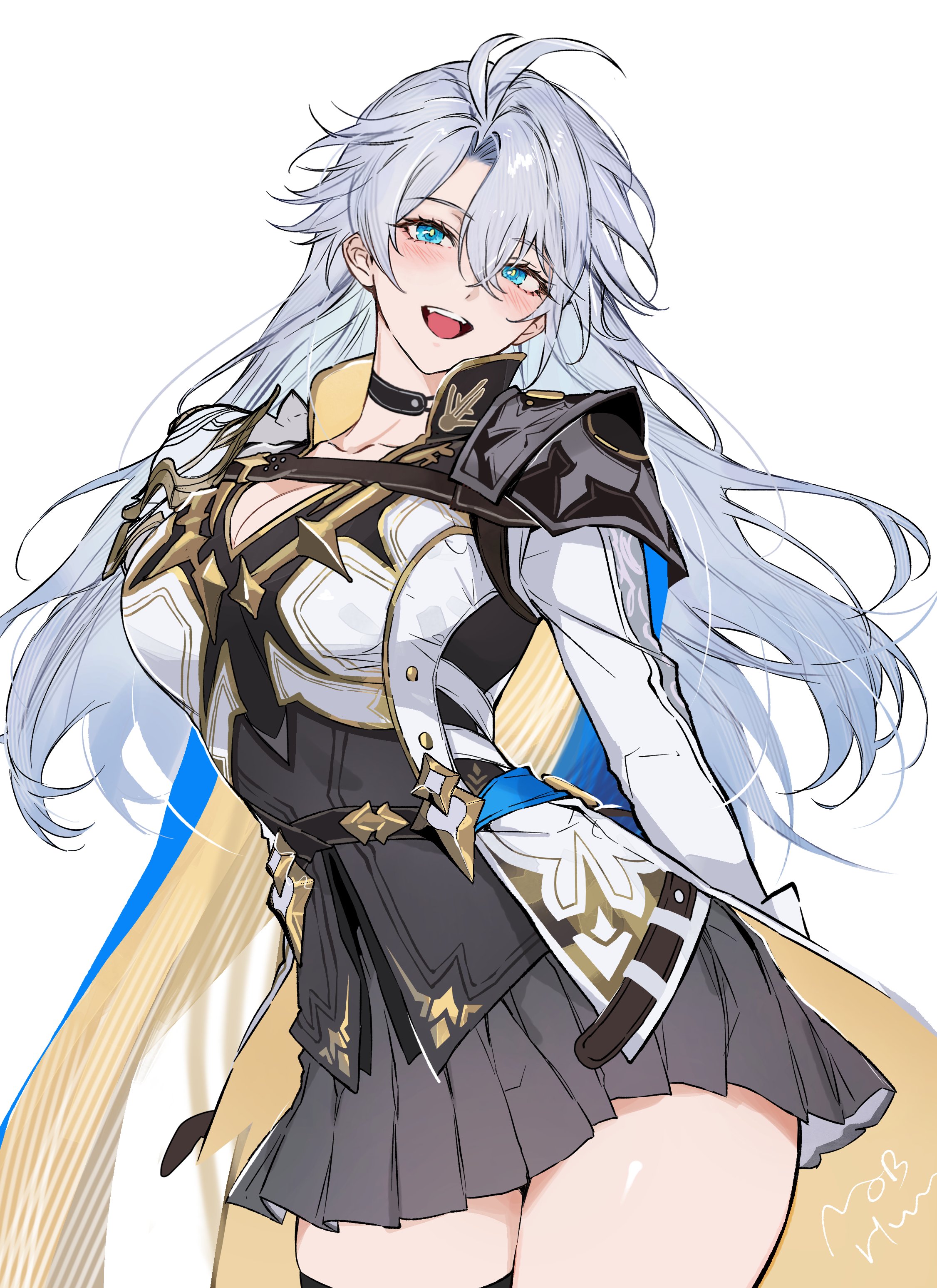 hwan (mob hwan), phainon (honkai: star rail), honkai: star rail, honkai (series), absurdres, commentary, highres, symbol-only commentary, 1girl, antenna hair, armor, black choker, black skirt, blue eyes, breasts, choker, coat, cowboy shot, genderswap, genderswap (mtf), long hair, looking at viewer, medium breasts, miniskirt, open mouth, pleated skirt, shoulder armor, signature, simple background, skirt, solo, teeth, upper teeth only, white background, white coat, white hair