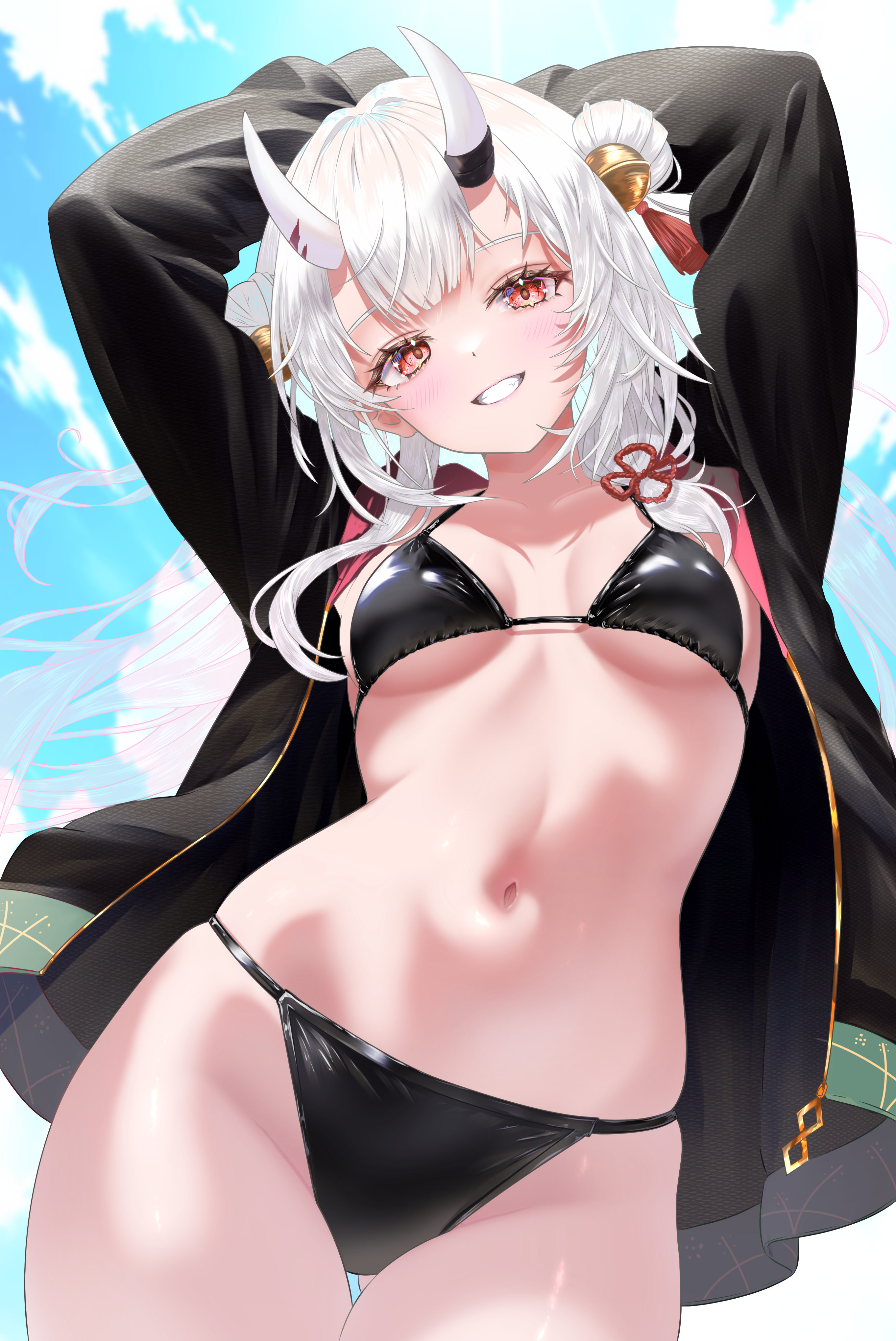 nanaki24, nakiri ayame, hololive, absurdres, highres, 1girl, arms behind head, bikini, black bikini, black jacket, blush, breasts, double bun, grin, hair bun, horns, jacket, long hair, looking at viewer, navel, oni, red eyes, smile, solo, stomach, swimsuit, white hair