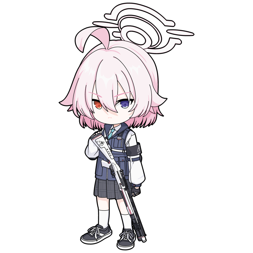 one-take, hoshino (blue archive), hoshino (first year) (blue archive), blue archive, 1girl, ahoge, armband, beretta 1301, bulletproof vest, chibi, gun, hair between eyes, halo, heterochromia, holding, holding gun, holding weapon, orange eyes, pink hair, pink halo, purple eyes, short hair, shotgun, solo, utility vest, vest, weapon
