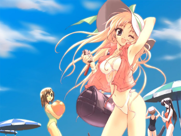 nanashiro yuzu, sakurazuka ren, shinomiya yuu, tachibana amane, canvas, canvas (cocktail soft), canvas sepia iro no motif, 00s, 4girls, armpits, ball, beach, beachball, bikini, blonde hair, cloud, day, hat, long hair, multiple girls, one eye closed, orange hair, outdoors, sky, swimsuit, wink