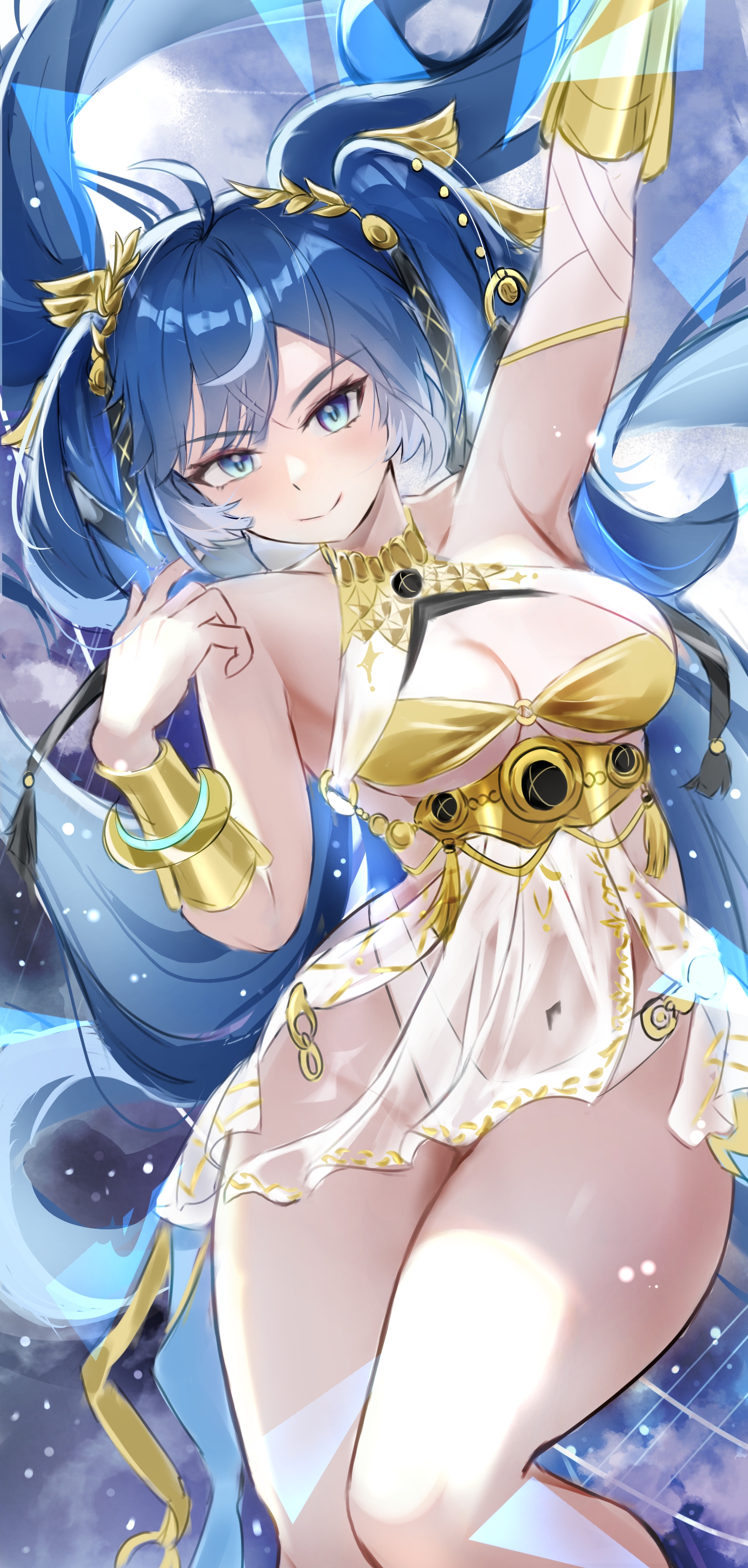 mira (mirarizsoti), iuno (wuthering waves), wuthering waves, absurdres, commentary request, highres, partial commentary, 1girl, ahoge, ancient greek clothes, arm up, armpits, bare shoulders, blue eyes, blue hair, blush, breasts, cleavage, closed mouth, covered navel, feet out of frame, gold bra, greco-roman clothes, hair belt, hand up, head wreath, long hair, looking at viewer, medium breasts, smile, solo, thighs, underboob, very long hair
