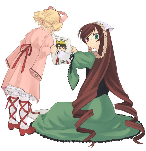 piyodera mucha, hinaichigo, suiseiseki, rozen maiden, cross-laced footwear, white legwear, 00s, 2girls, blonde hair, bow, crown, dress, drill hair, frills, glasses, green dress, green eyes, headscarf, heterochromia, long hair, long sleeves, multiple girls, photo (object), pink bow, red eyes, short hair, simple background, sitting, very long hair, white background, white headscarf