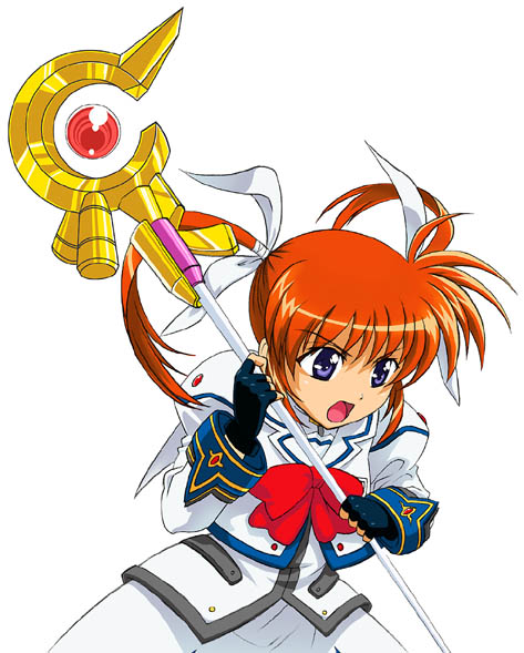 sandgarden, raising heart, takamachi nanoha, lyrical nanoha, mahou shoujo lyrical nanoha, mahou shoujo lyrical nanoha a's, >:d, 00s, 1girl, :d, bow, bowtie, cowboy shot, female focus, fingerless gloves, gloves, grey eyes, hair ribbon, holding, holding weapon, magazine (weapon), magical girl, open mouth, polearm, purple eyes, red hair, ribbon, rod, simple background, smile, solo, staff, twintails, v-shaped eyebrows, weapon, white background, white devil