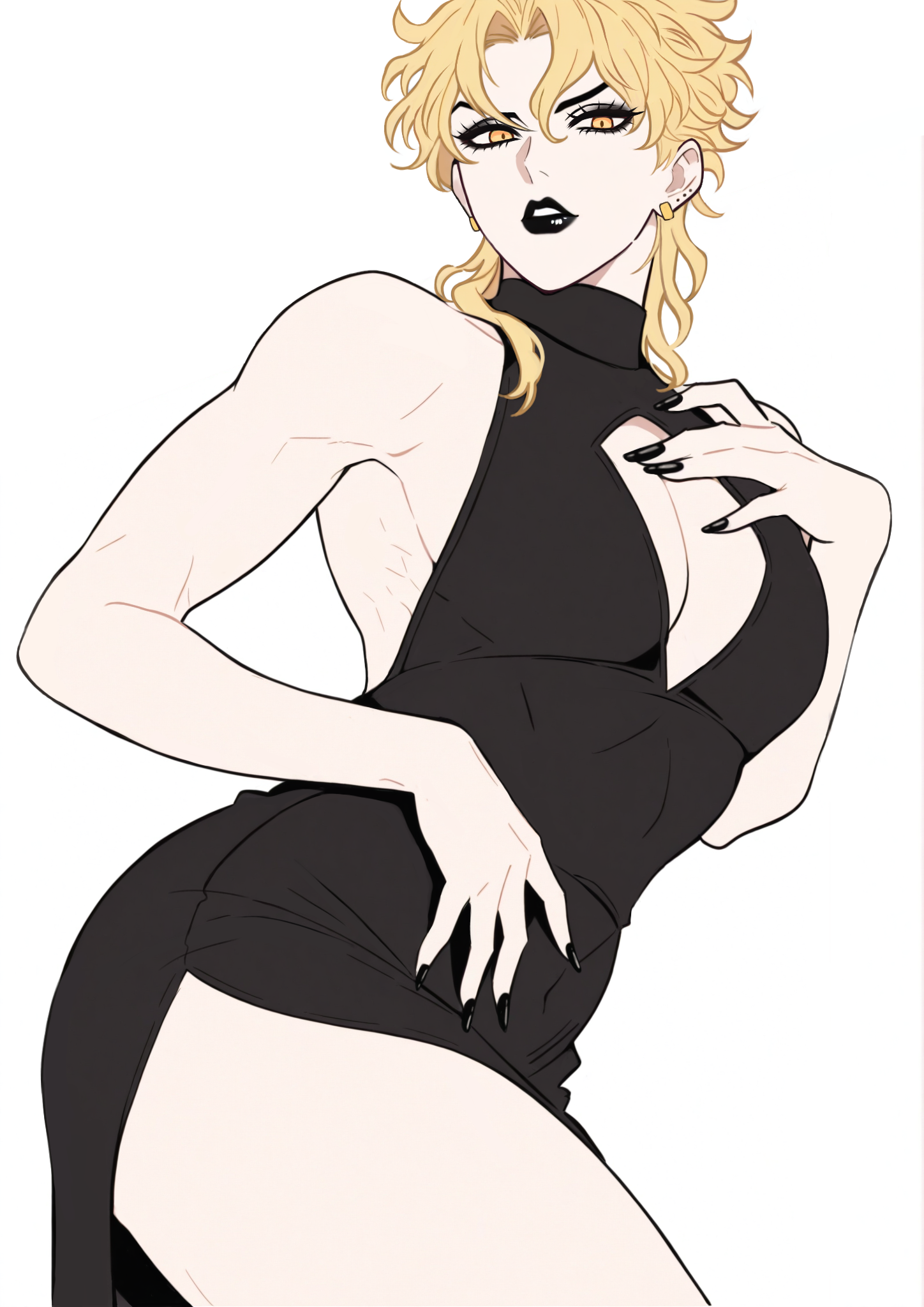 dio brando, jojo no kimyou na bouken, stardust crusaders, highres, 1boy, bishounen, black lips, blonde hair, crossdressing, ear birthmark, earrings, jewelry, lipstick, long hair, makeup, pale skin, solo, user nvey4484, vampire, yellow eyes