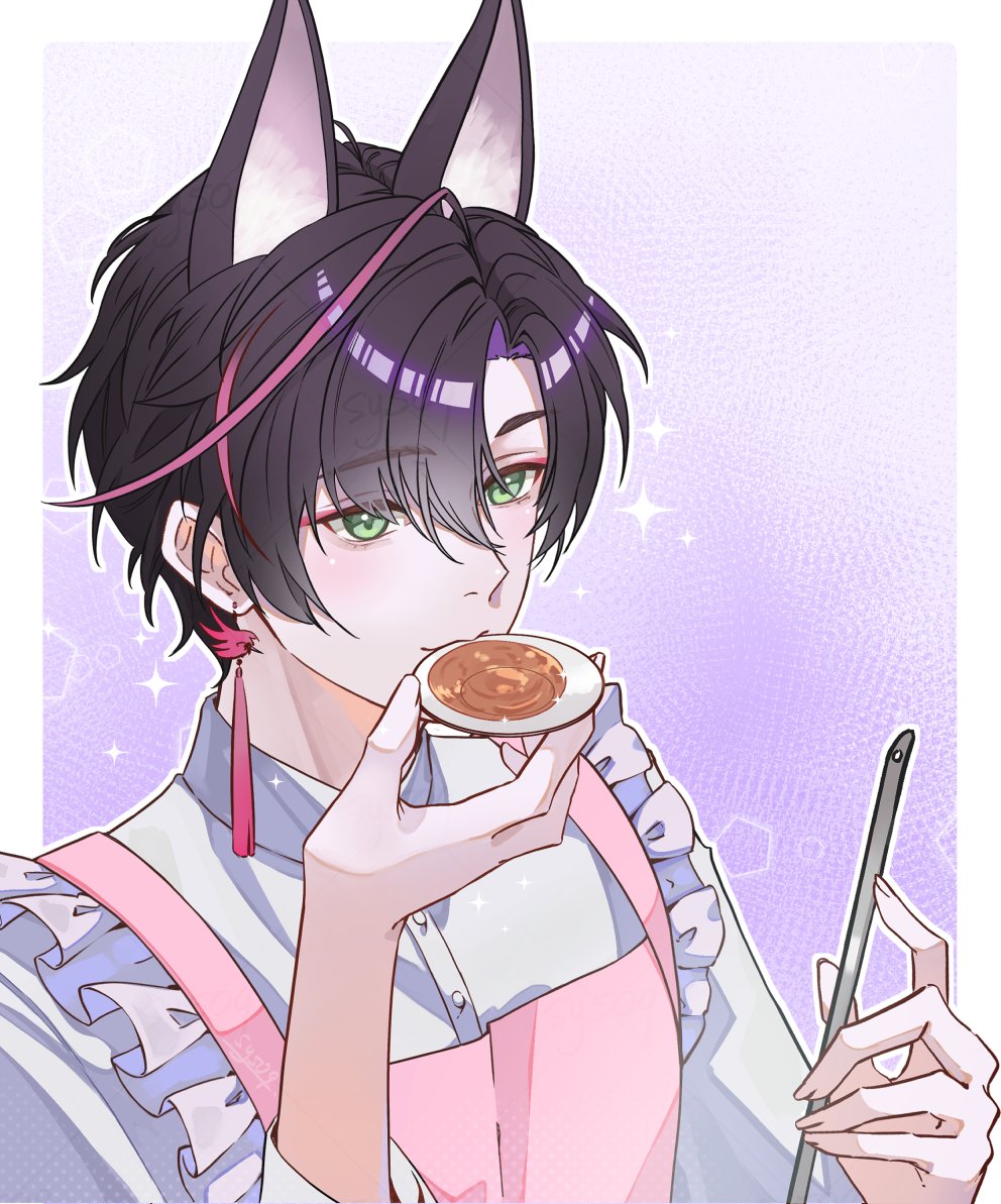 sy509, suzuran's father (arknights), arknights, 1boy, alternate costume, animal ears, bishounen, black hair, collared shirt, earrings, food, fox boy, fox ears, frills, green eyes, jewelry, long sleeves, looking at viewer, male focus, purple hair, shirt, short hair, single earring, solo, upper body, white shirt