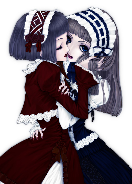 kunishige keiichi, nocturne, nocturne (kunishige keiichi), original, 2girls, blue dress, blue eyes, blue hair, blunt bangs, bob cut, chin strap, closed eyes, dress, from side, goth fashion, gothic lolita, grey hair, hairband, hand in own hair, hug, imminent kiss, juliet sleeves, lace, lipstick, loli, lolita fashion, lolita hairband, long sleeves, looking at viewer, makeup, multiple girls, nail polish, puffy sleeves, red dress, red lips, red nails, simple background, white background, yuri