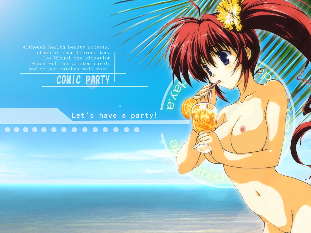 takase mizuki, comic party, nude filter, third-party edit, 00s, 1girl, beach, cowboy shot, day, english text, engrish text, female focus, nude, pussy, ranguage, red hair, side ponytail, solo, twintails, uncensored