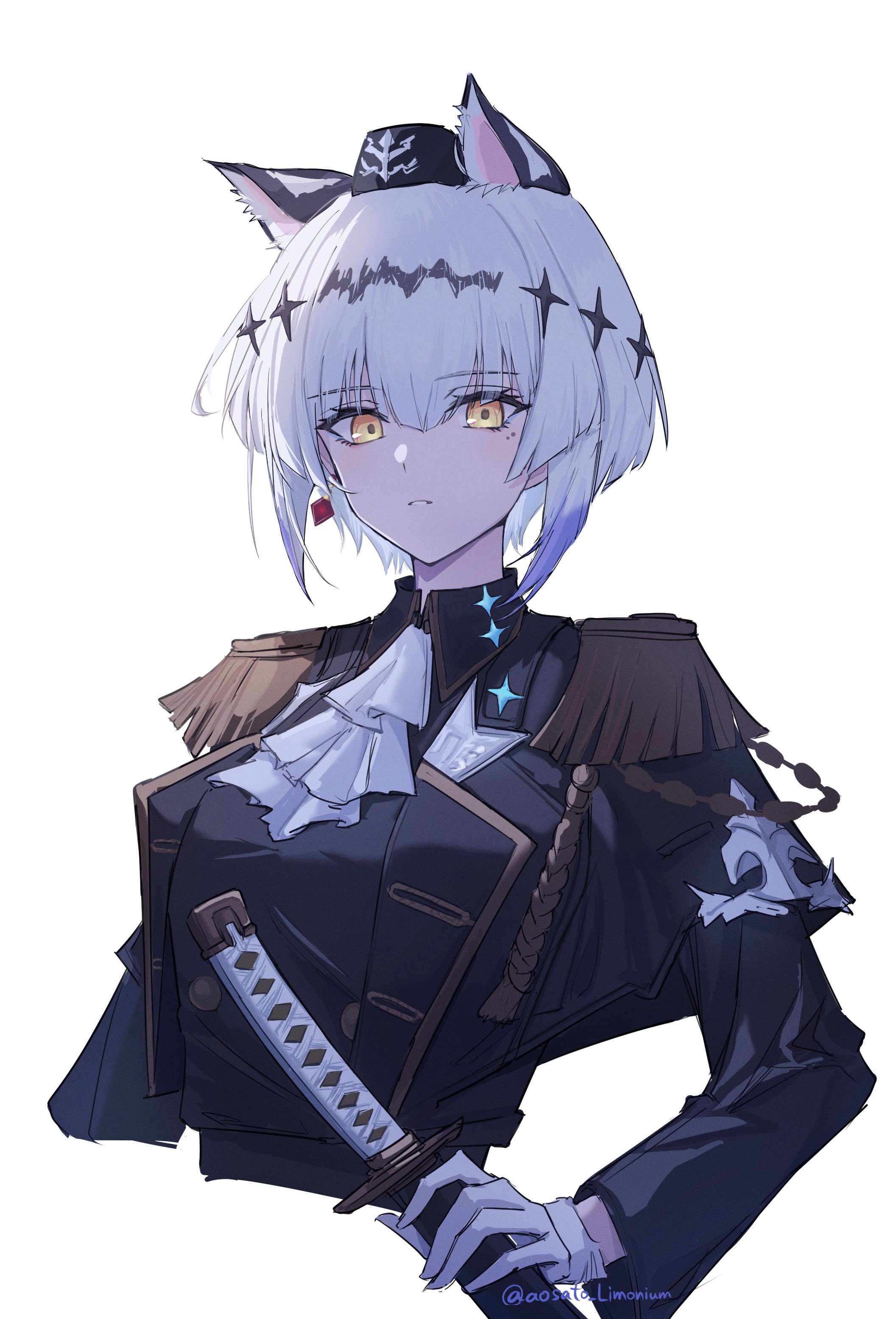 kote menn, shadowverse, shadowverse: worlds beyond, absurdres, highres, 1girl, animal ears, ascot, earrings, epaulettes, gloves, hat, holding, holding sword, holding weapon, jacket, jewelry, lapels, looking at viewer, military jacket, short hair, simple background, single earring, solo, sword, tiger girl, upper body, weapon, white ascot, white background, white gloves, white hair, yellow eyes