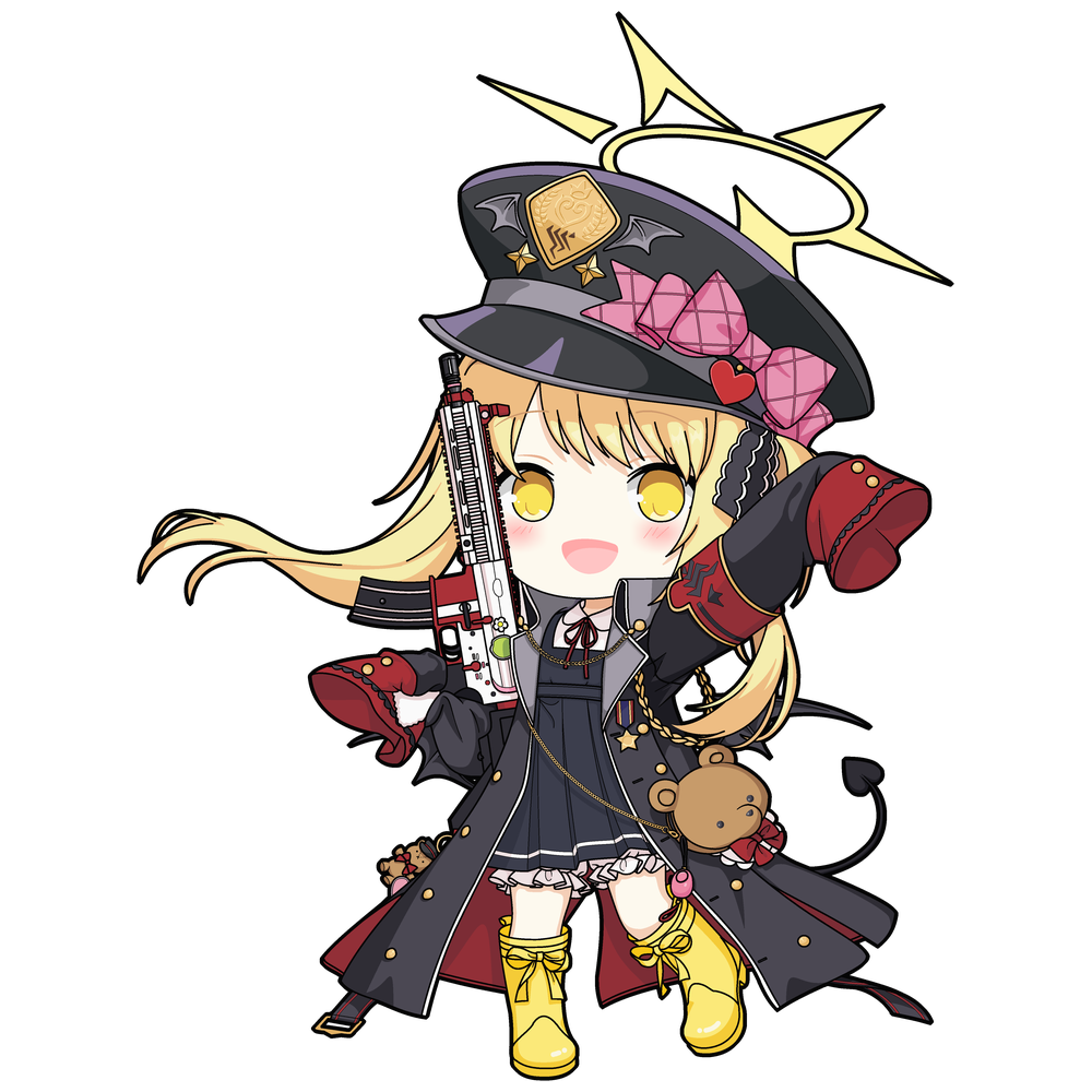 one-take, ibuki (blue archive), blue archive, 1girl, armband, black tail, black wings, blonde hair, boots, chibi, demon girl, demon tail, demon wings, dress, gun, halo, hat, holding, holding gun, holding weapon, long hair, long sleeves, looking at viewer, low wings, peaked cap, pinafore dress, red armband, sleeveless, sleeveless dress, sleeves past fingers, sleeves past wrists, solo, tail, weapon, wings, yellow boots, yellow eyes, yellow halo