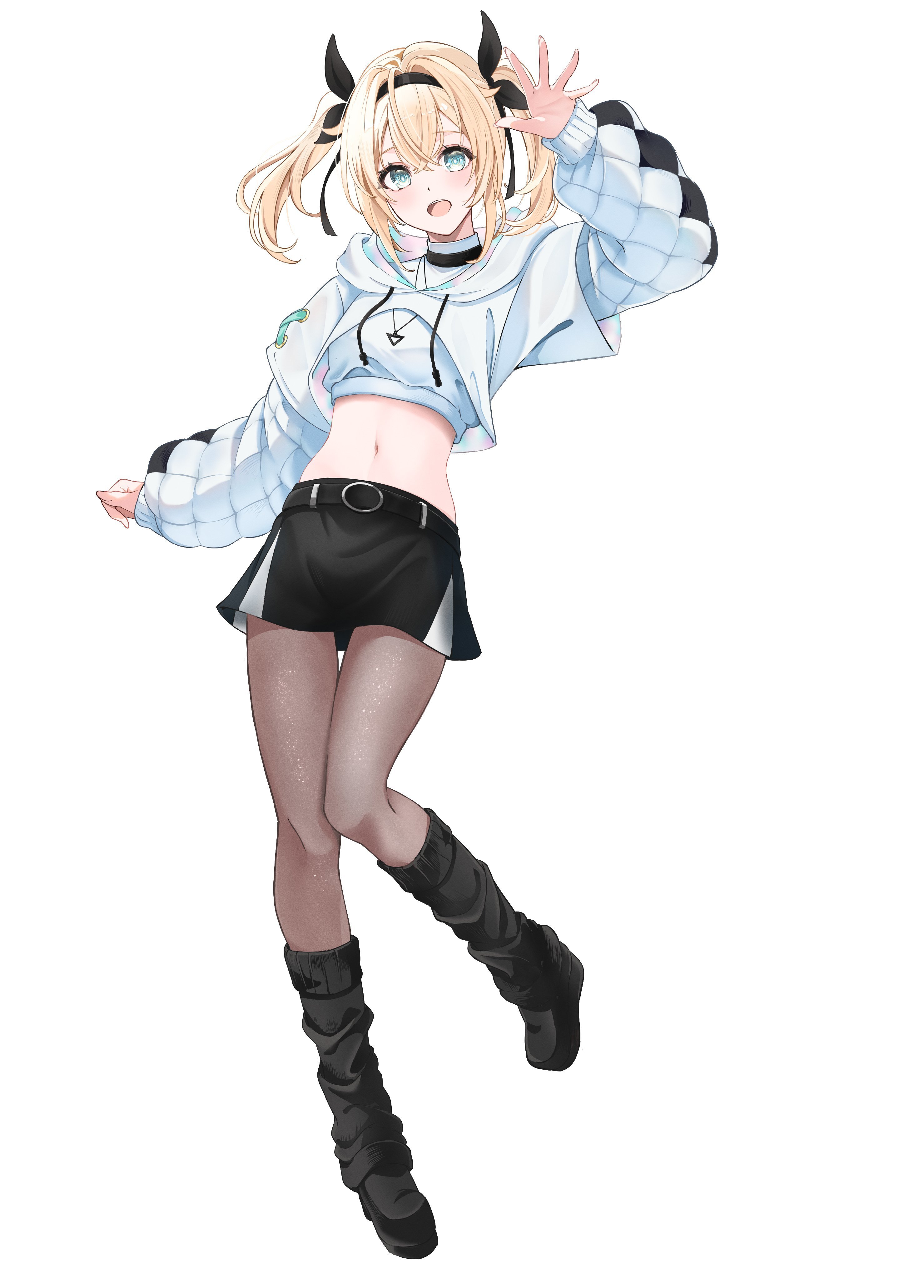 tilu, kazama iroha, hololive, absurdres, highres, 1girl, aqua eyes, black leg warmers, black shoes, black skirt, blonde hair, brown pantyhose, full body, hand up, leg warmers, long sleeves, looking at another, medium hair, navel, open mouth, pantyhose, shoes, simple background, skirt, smile, standing, standing on one leg, stomach, two side up, virtual youtuber, white background