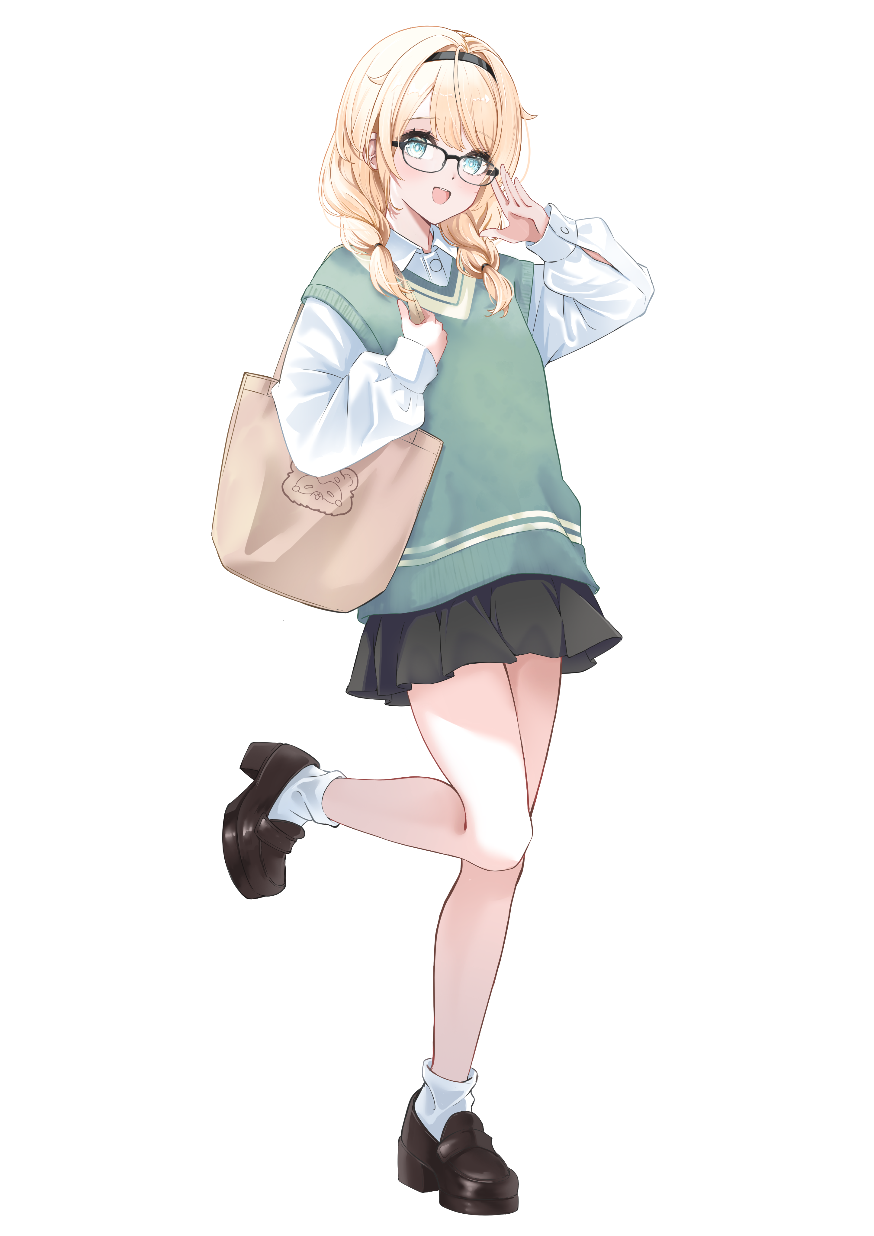 tilu, kazama iroha, hololive, absurdres, highres, 1girl, aqua hair, bag, black hairband, black shoes, black skirt, braid, collared shirt, full body, glasses, hairband, long sleeves, looking at viewer, medium hair, shirt, shoes, simple background, skirt, socks, solo, standing, standing on one leg, sweater vest, twin braids, virtual youtuber, white background, white shirt, white socks