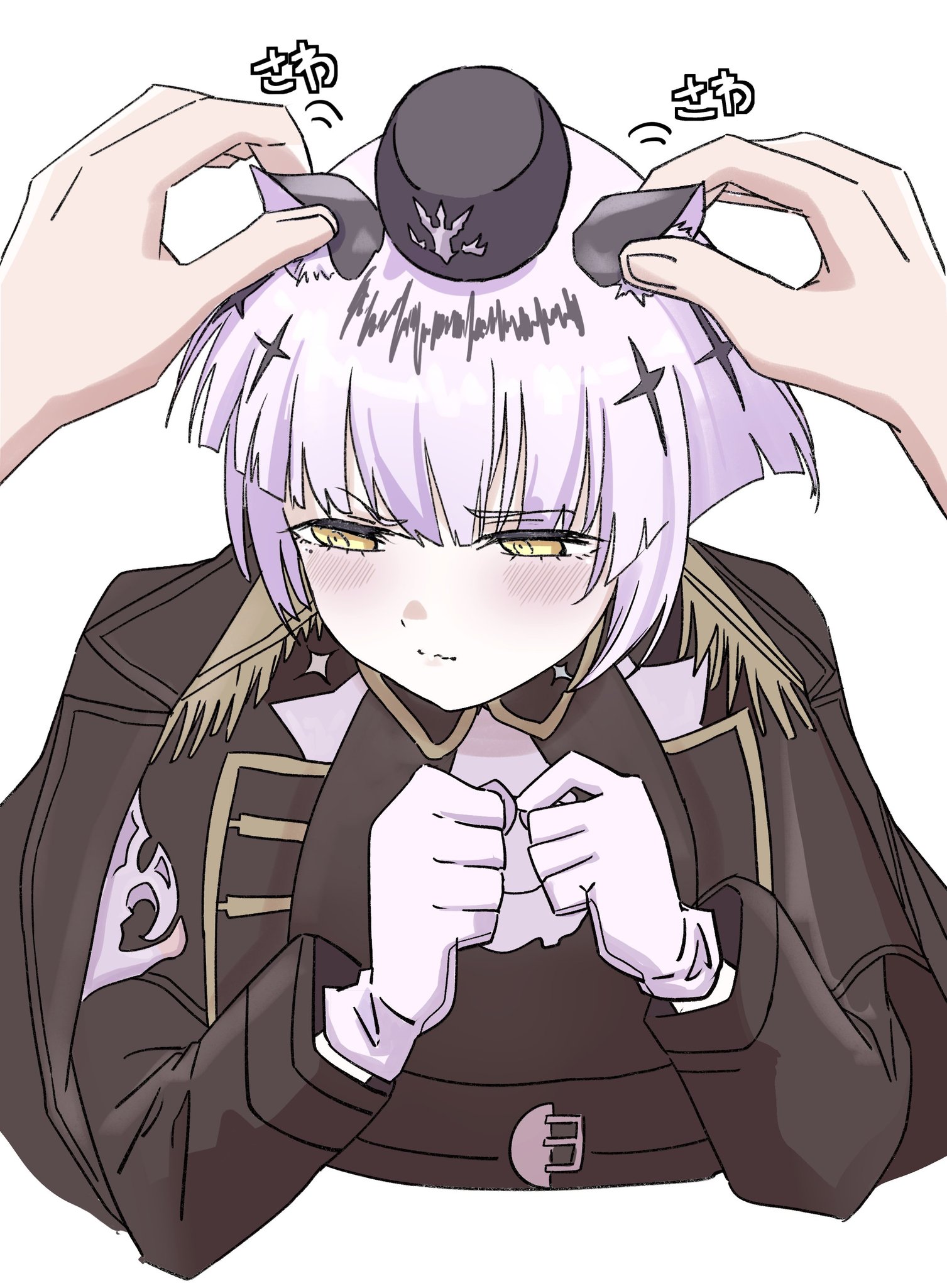 shadowverse, shadowverse: worlds beyond, highres, 1girl, animal ears, ascot, blush, epaulettes, gloves, hand on another's ear, hat, jacket, lapels, military jacket, short hair, simple background, tiger girl, upper body, white ascot, white background, white gloves, white hair, yellow eyes