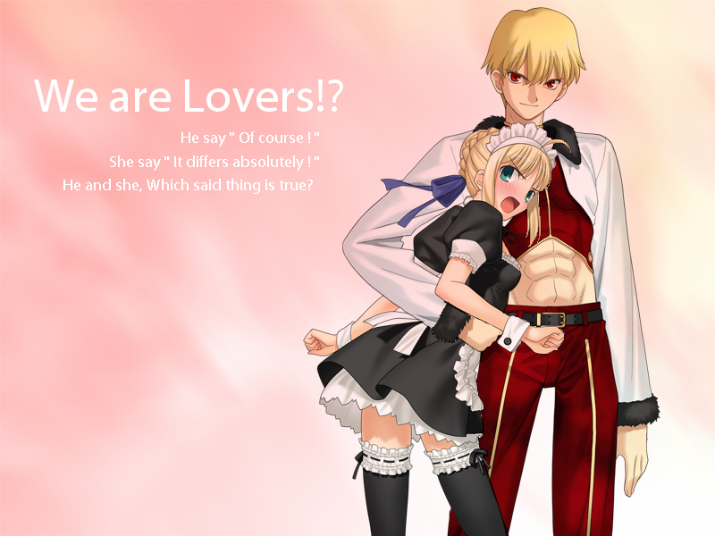 takeuchi takashi, artoria pendragon (fate), gilgamesh (fate), saber (fate), fate/stay night, fate (series), 00s, 1boy, 1girl, blonde hair, english text, engrish text, holding, maid, official alternate costume, ranguage, thighhighs