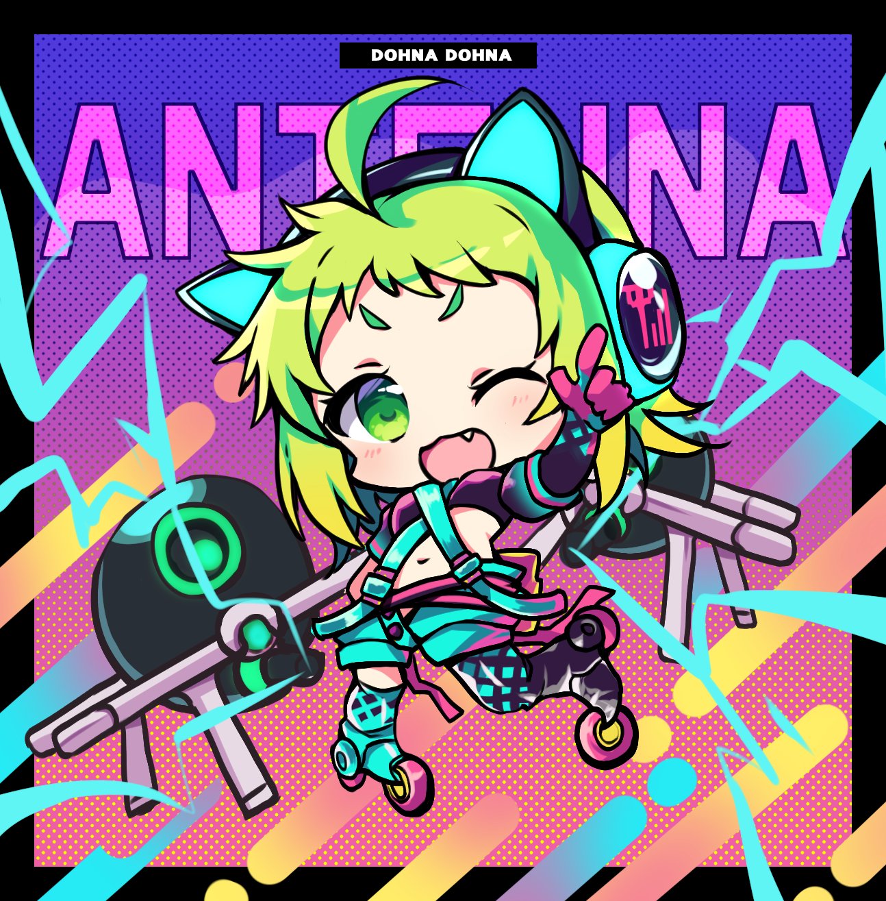 ameno ame, antenna (dohna dohna), dohna dohna issho ni warui koto o shiyou, highres, 1girl, ahoge, black border, blue shorts, border, character name, chibi, chibi only, copyright name, elbow gloves, fang, gloves, gradient background, green hair, headphones, index finger raised, inline skates, midriff, navel, one eye closed, open mouth, roller skates, short hair, shorts, skates, solo