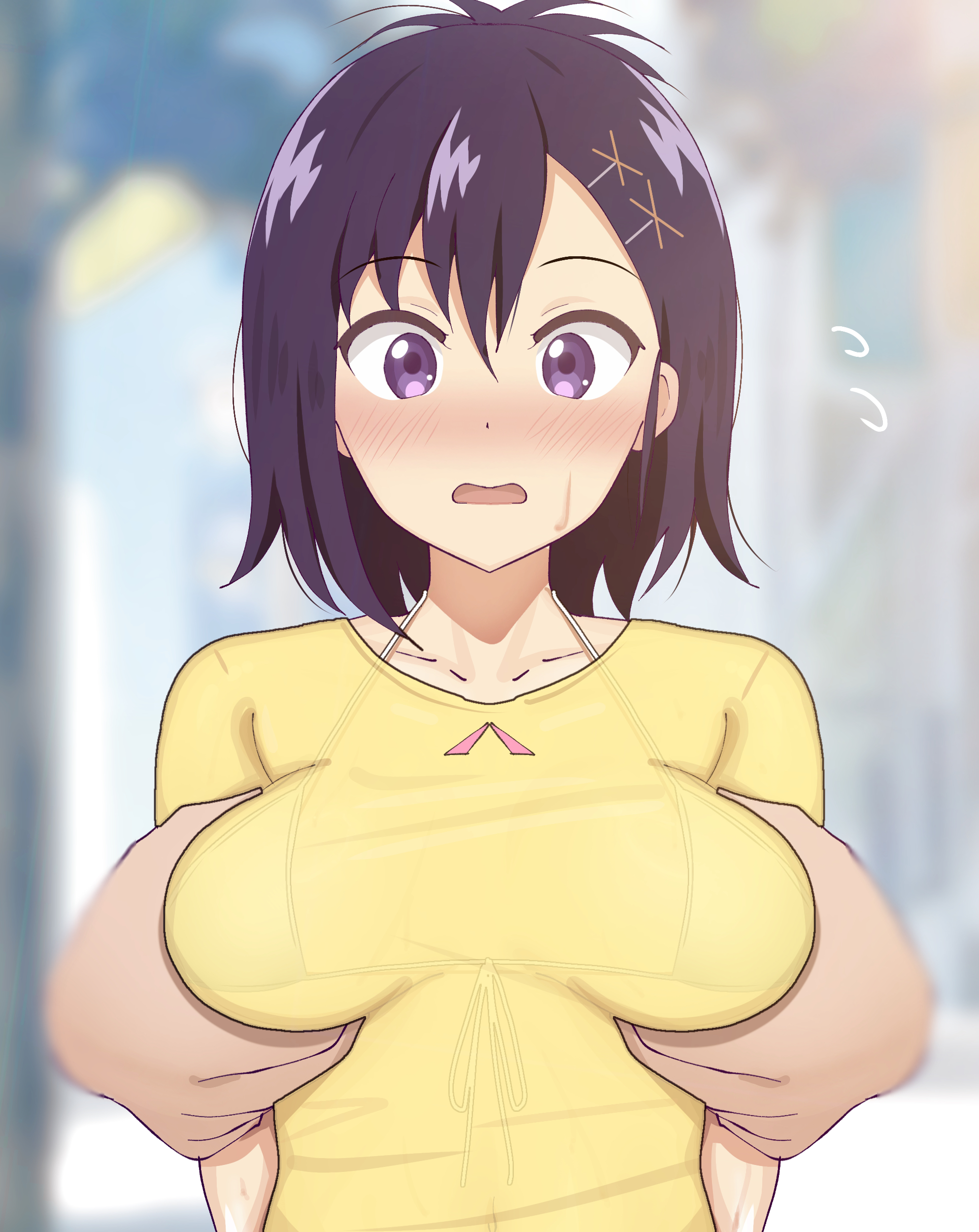 poa mellhen, vignette tsukinose april, gabriel dropout, absurdres, commentary request, highres, paid reward available, 1girl, 1other, alternate costume, bikini, bikini top under shirt, bikini under clothes, blurry, blurry background, blush, breasts, breasts apart, collarbone, disembodied hand, front-tie bikini top, front-tie top, grabbing another's breast, groping, hair ornament, medium breasts, micro bikini, open mouth, purple eyes, purple hair, see-through clothes, see-through shirt, shirt, short sleeves, solo focus, string bikini, swimsuit, upper body, wide-eyed, x hair ornament, yellow shirt