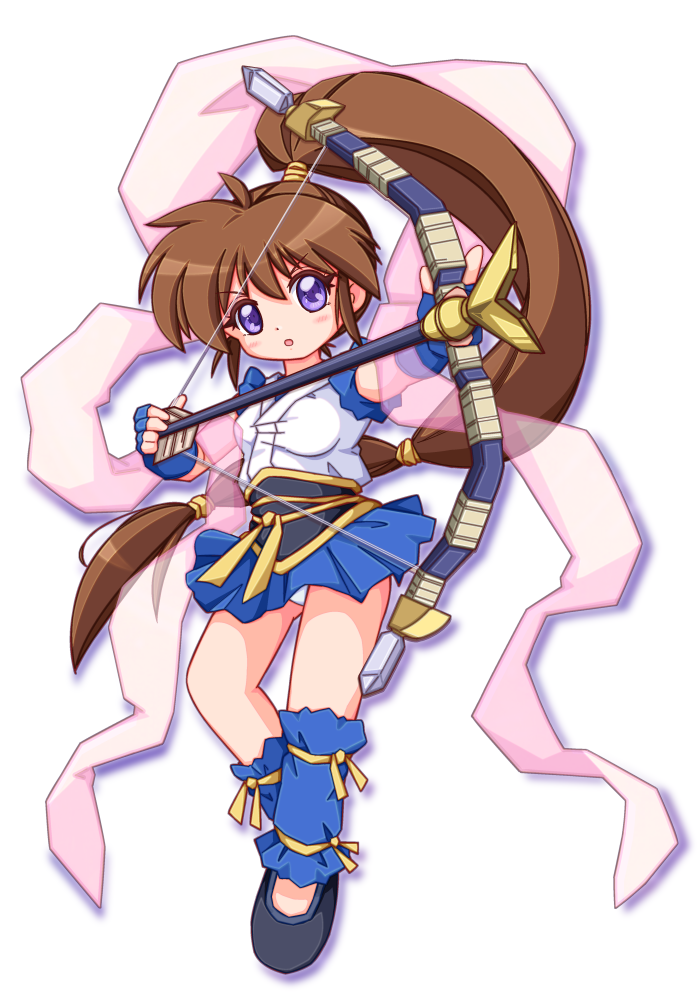 anonymous (japanese), amatsu ai, twin angels, 1girl, arrow (projectile), bow (weapon), brown hair, chibi, fingerless gloves, full body, gloves, high ponytail, holding, holding weapon, long hair, looking at viewer, open mouth, panties, pantyshot, ponytail, purple eyes, shawl, shoes, skirt, solo, underwear, very long hair, weapon, white background, white panties