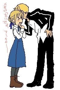 artoria pendragon (fate), gilgamesh (fate), saber (fate), fate/stay night, fate (series), lowres, translated, > <, 00s, 1boy, 1girl, blonde hair, blouse, closed eyes, couple, hetero, pantyhose, shirt, white background